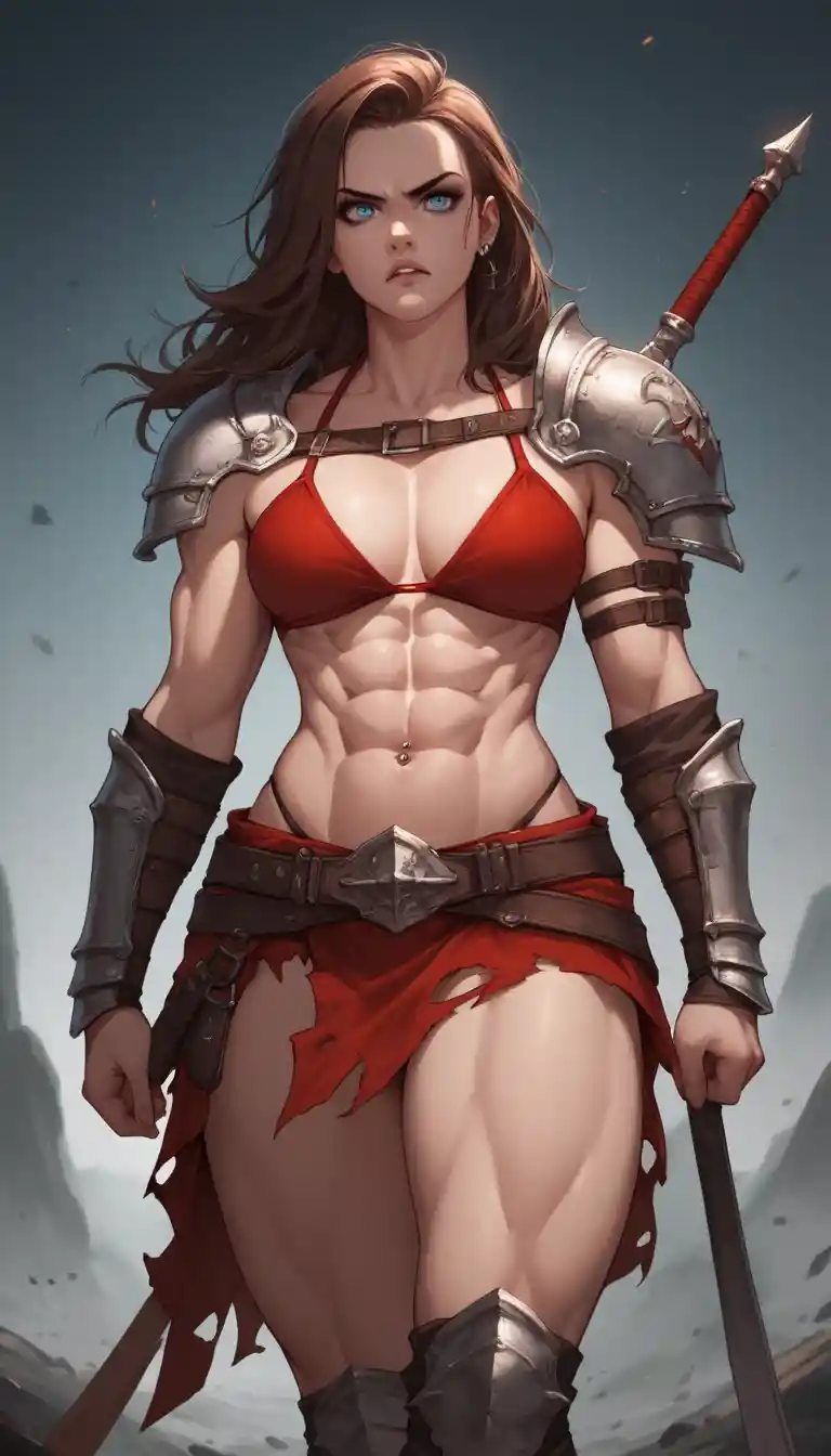 붉은 비키니와 해진 치마를 걸친 갑옷 전사 여성