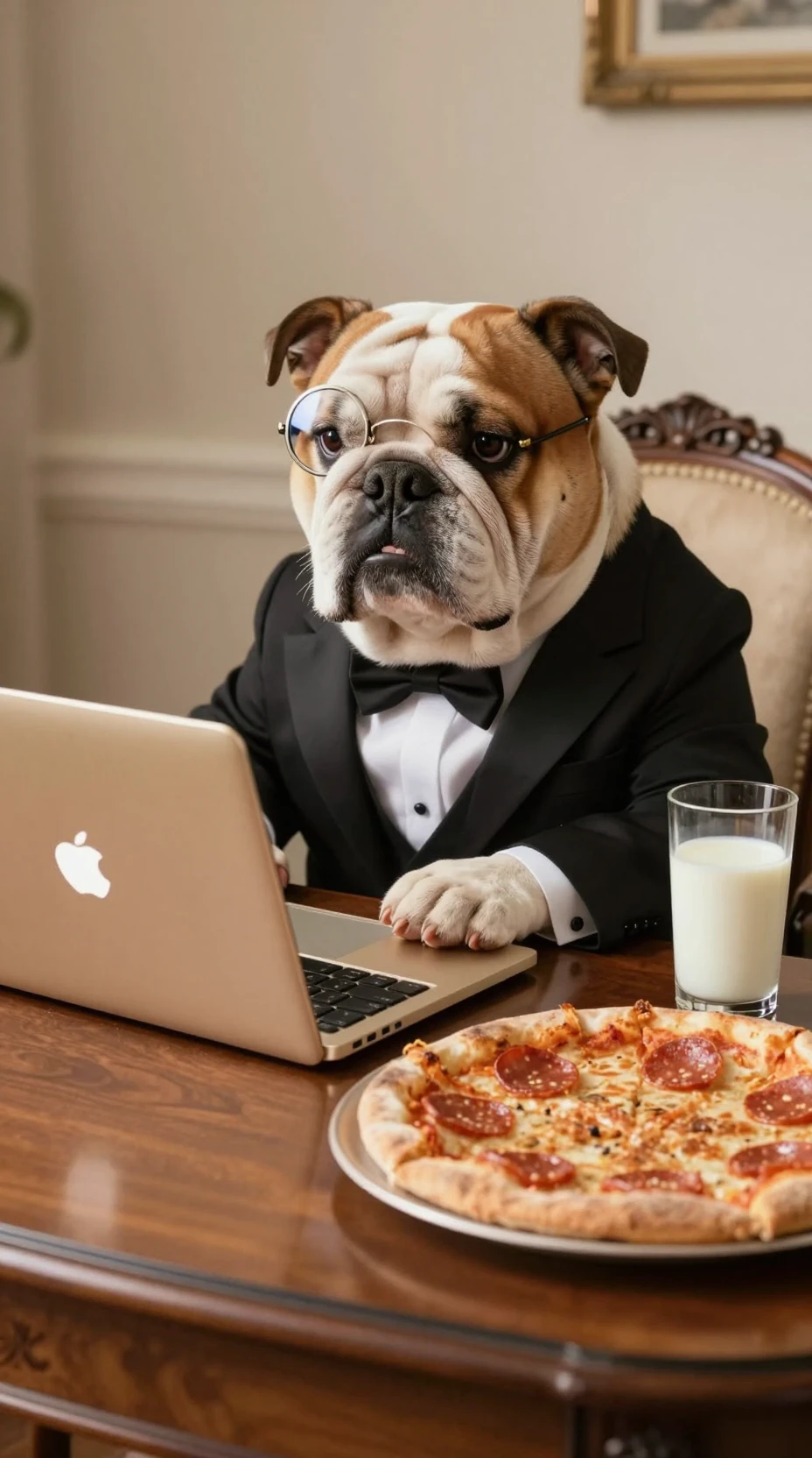 Bulldog scontroso in smoking che digita a una scrivania lussuosa