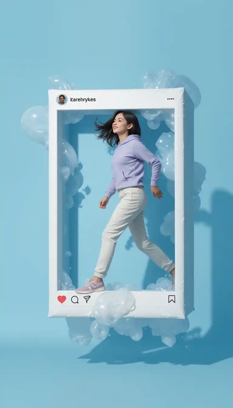 Donna che esce in movimento da una cornice in stile Instagram