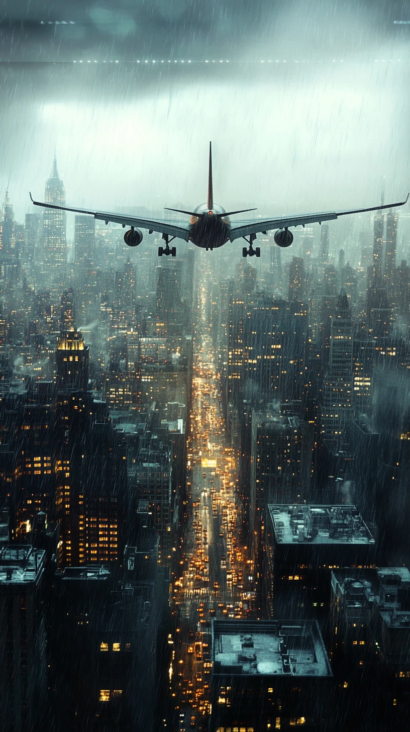 Distant city skyline framed by a rainy airplane window