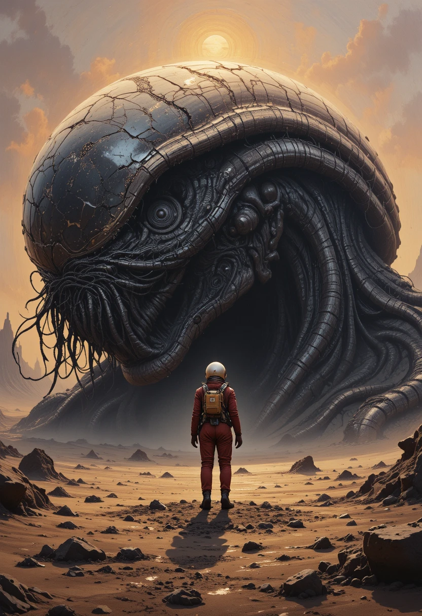 Cosmonauta mulher diante de um colossal monumento alienígena ao pôr do sol