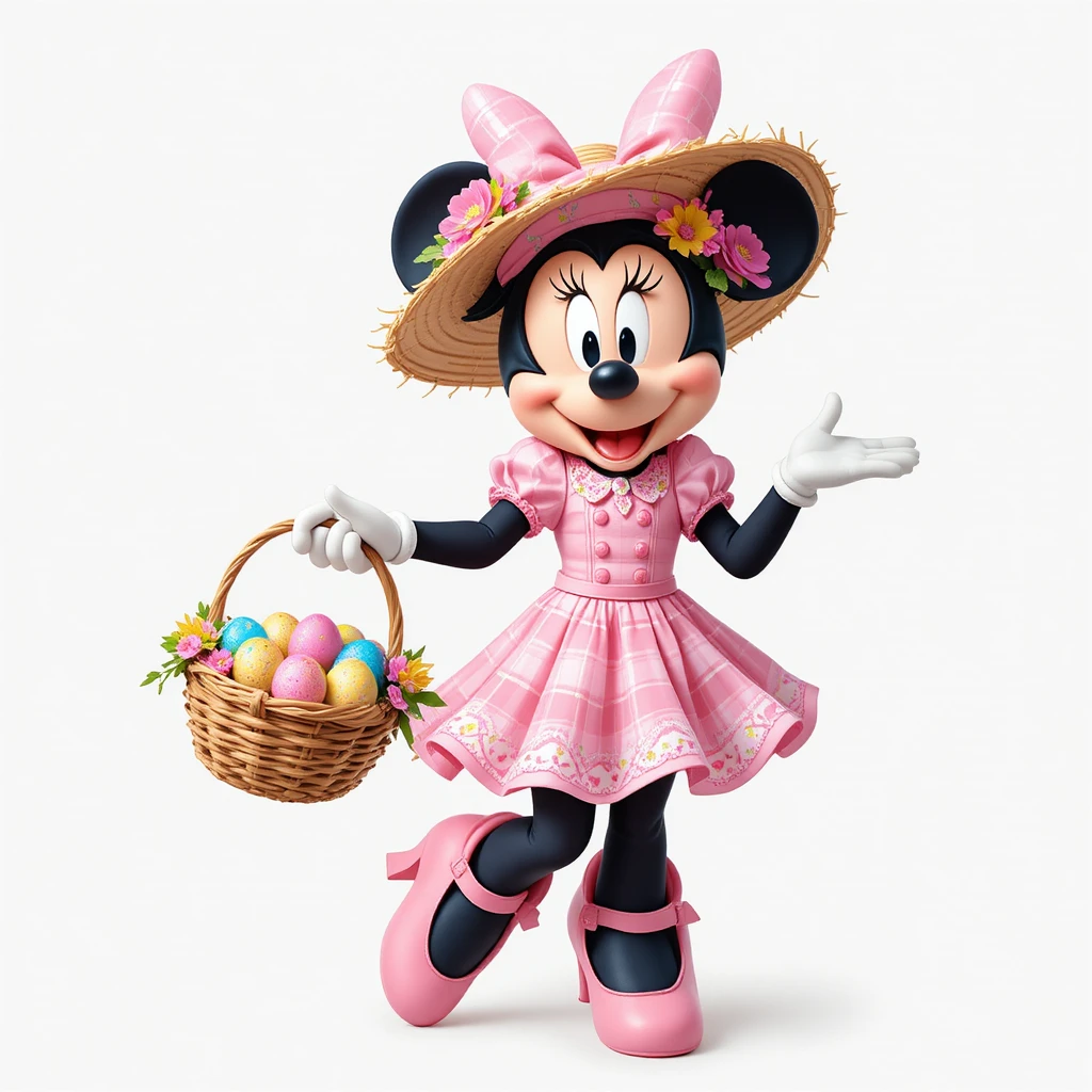 Rato de desenho animado com roupa rosa de Páscoa e cesta de ovos