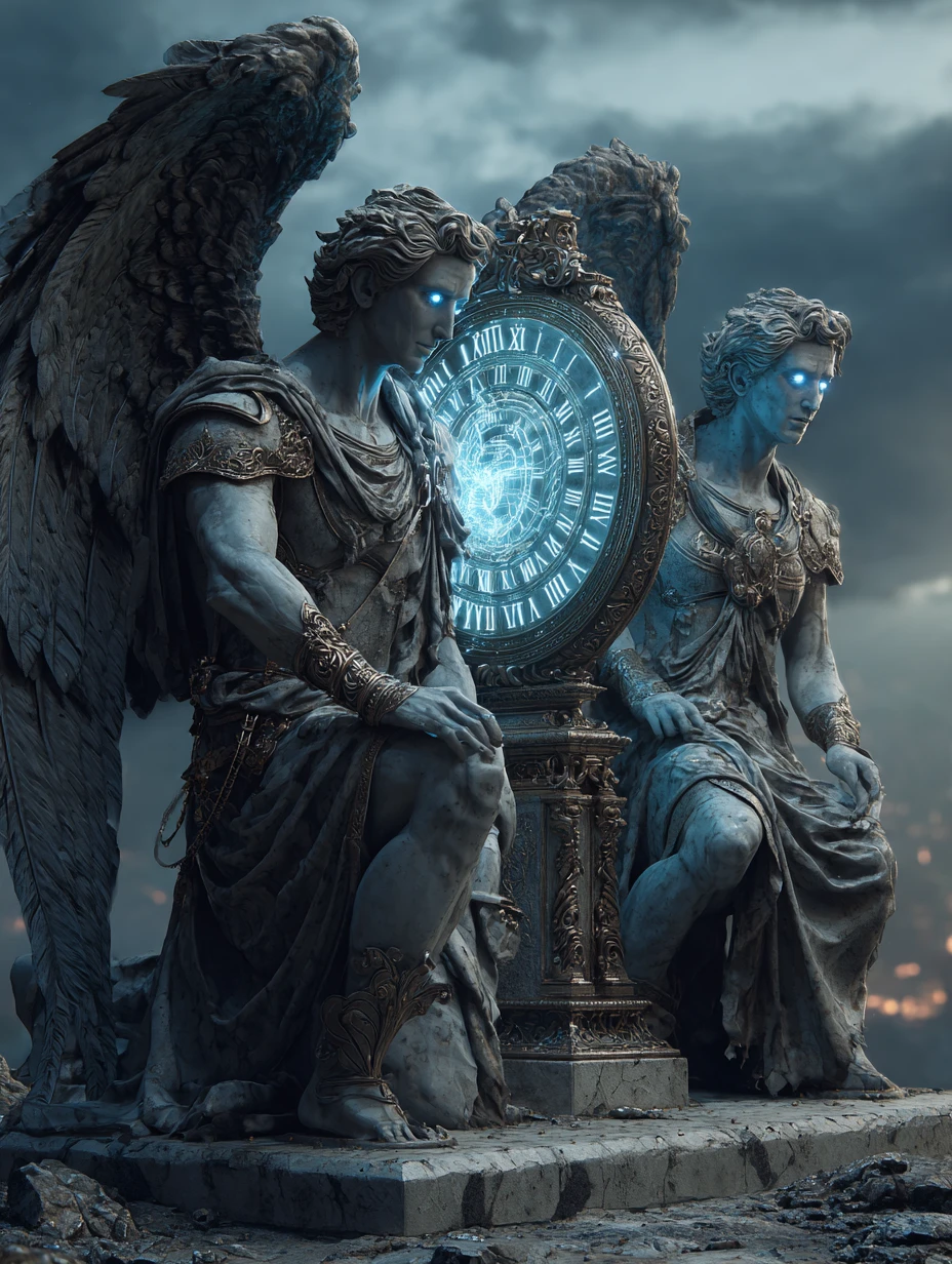 Kneeling angel statues guarding a glowing mystical portal