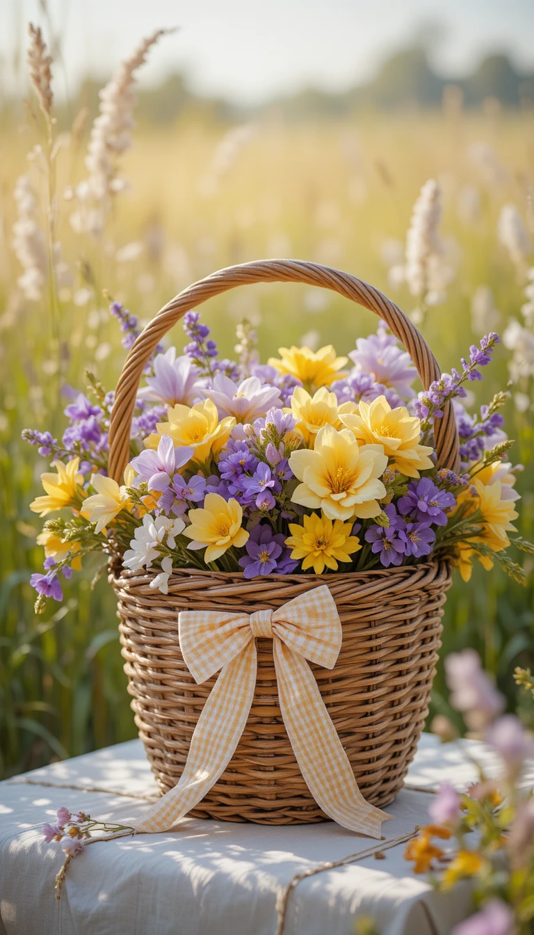 Panier en osier de freesias colorés dans une douce lumière de prairie