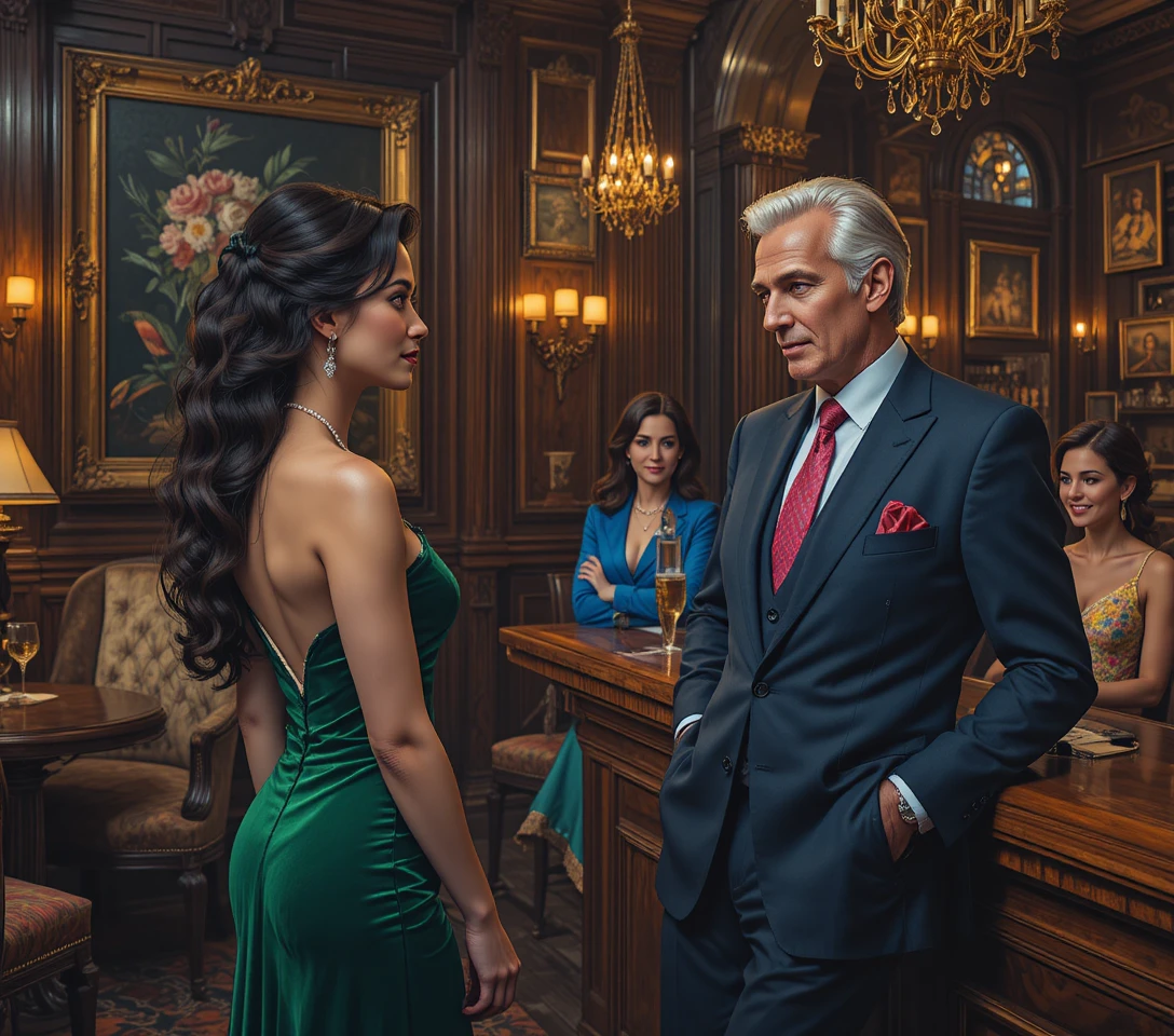 Elegant woman in green gown in a dim luxury lounge