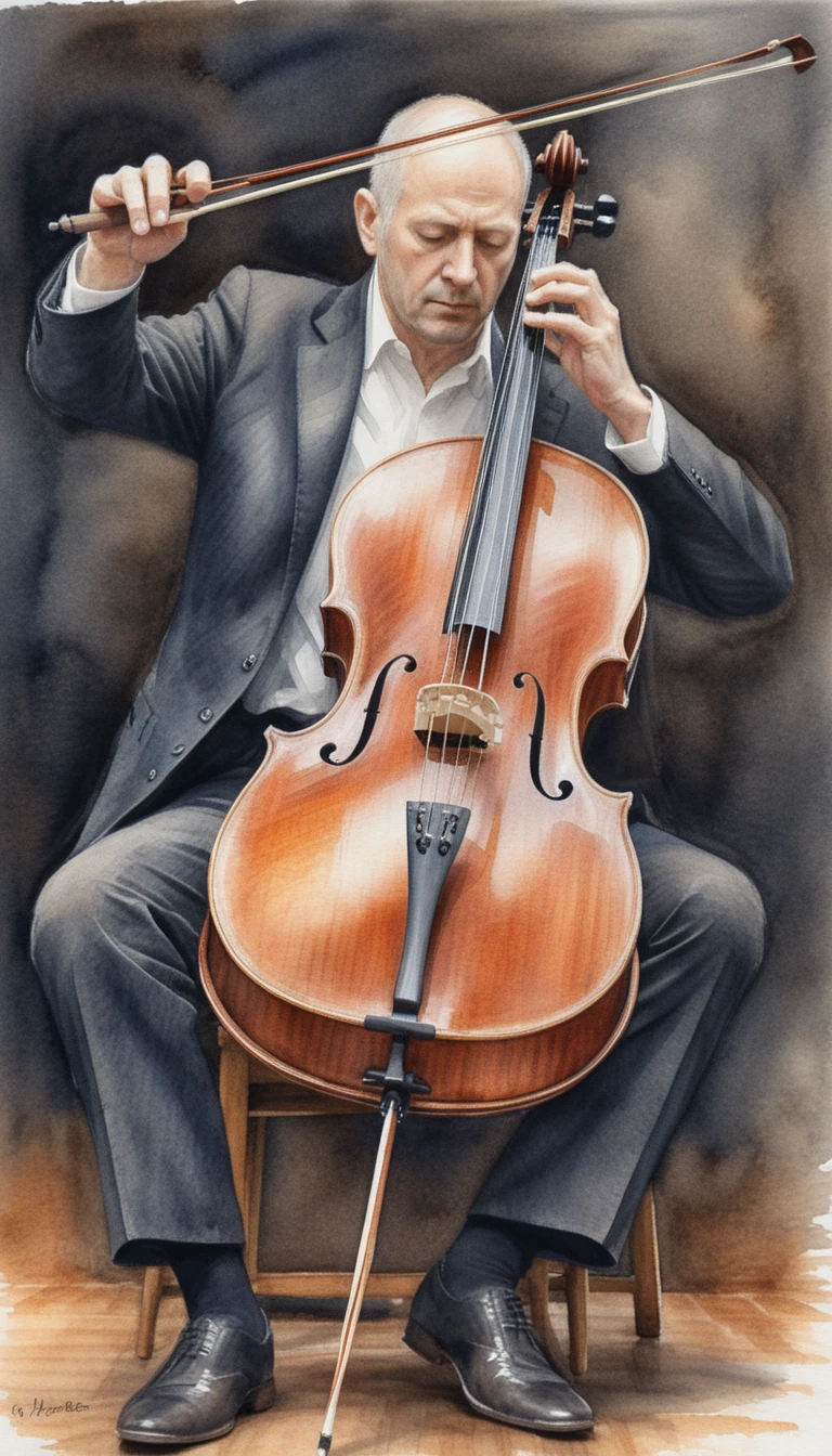 Violoncelista de terno escuro tocando um violoncelo de madeira no palco
