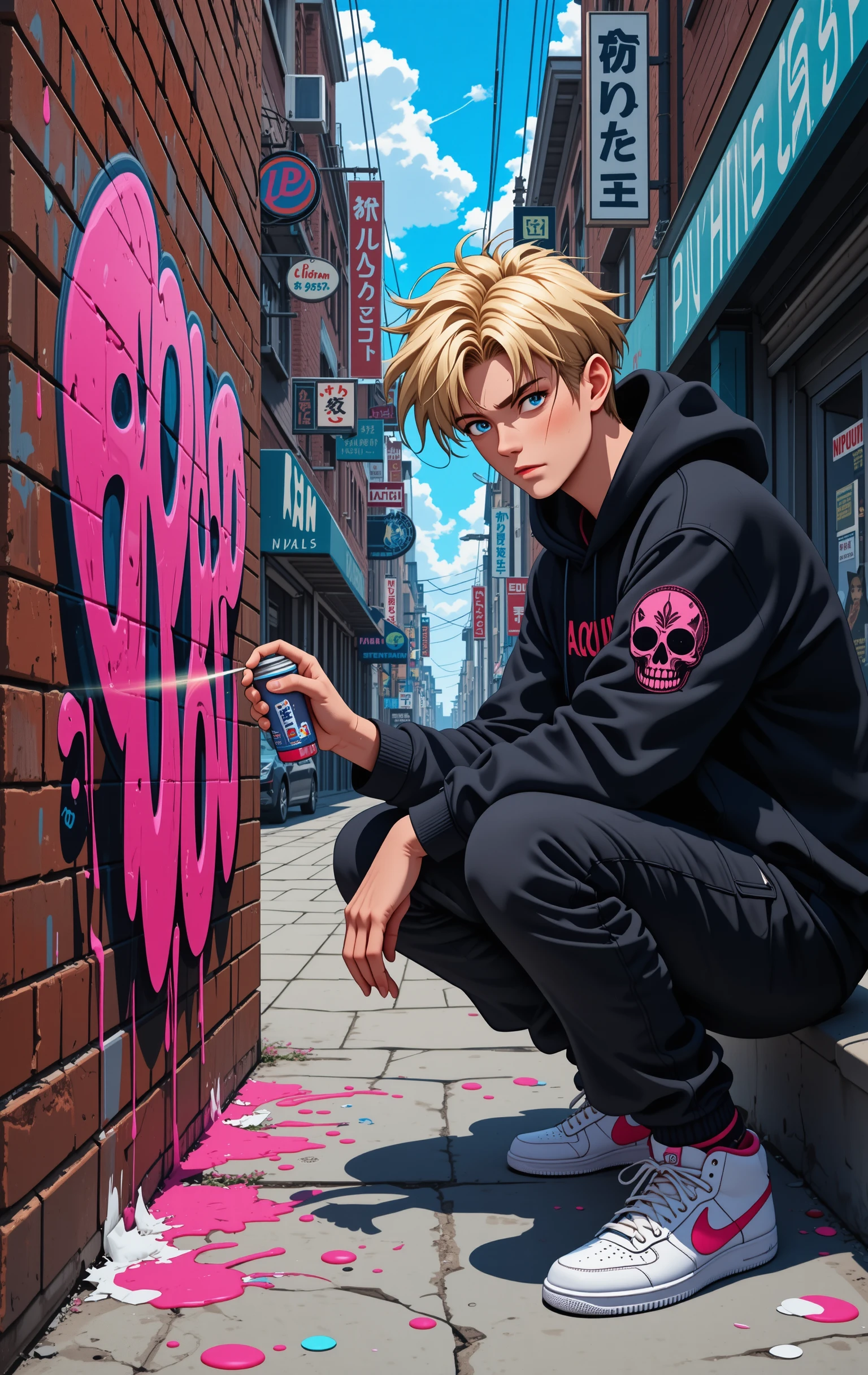 Artista de grafite em estilo anime pintando em um beco urbano vibrante