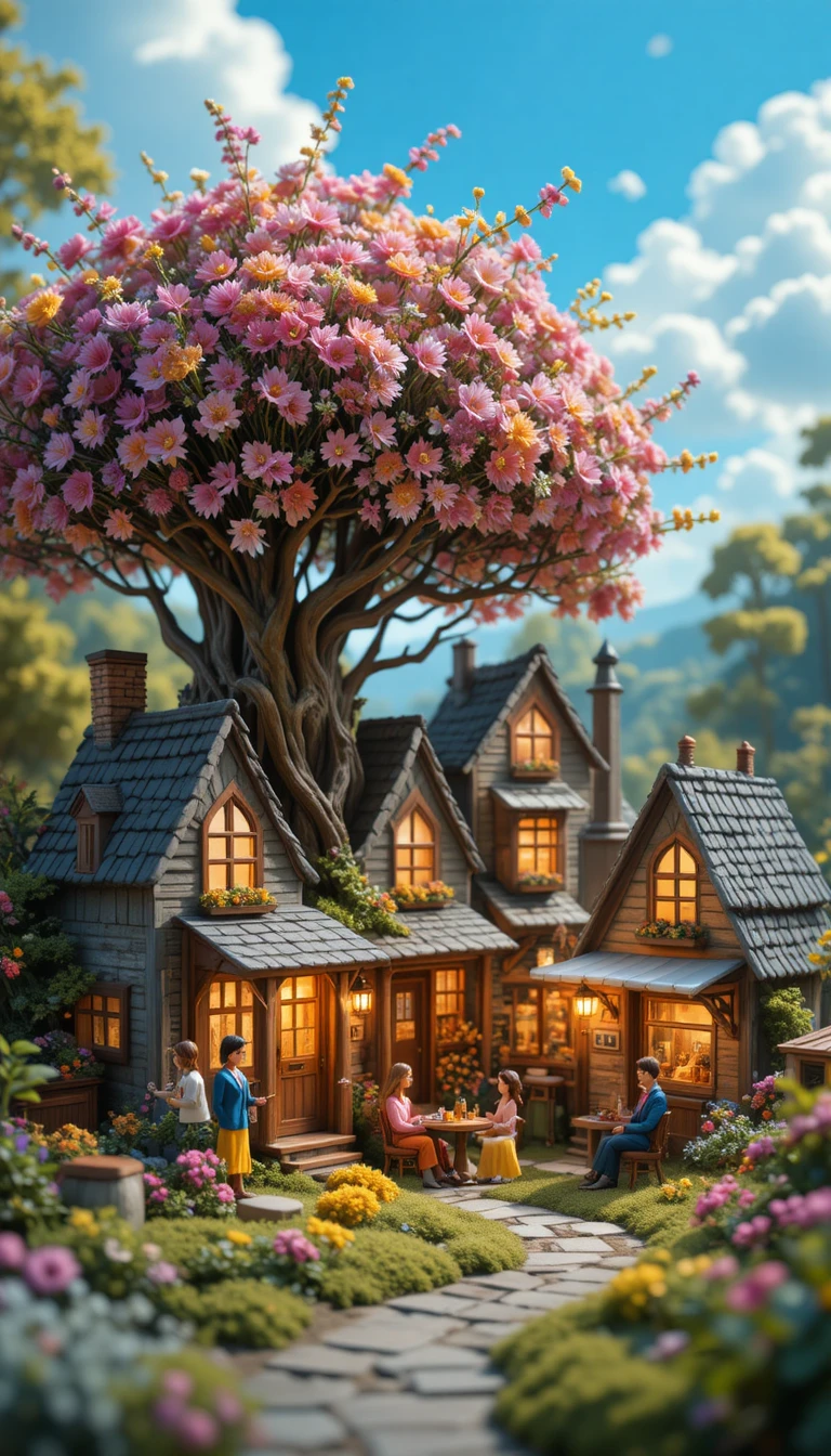 Miniature people living in a wildflower fantasy village