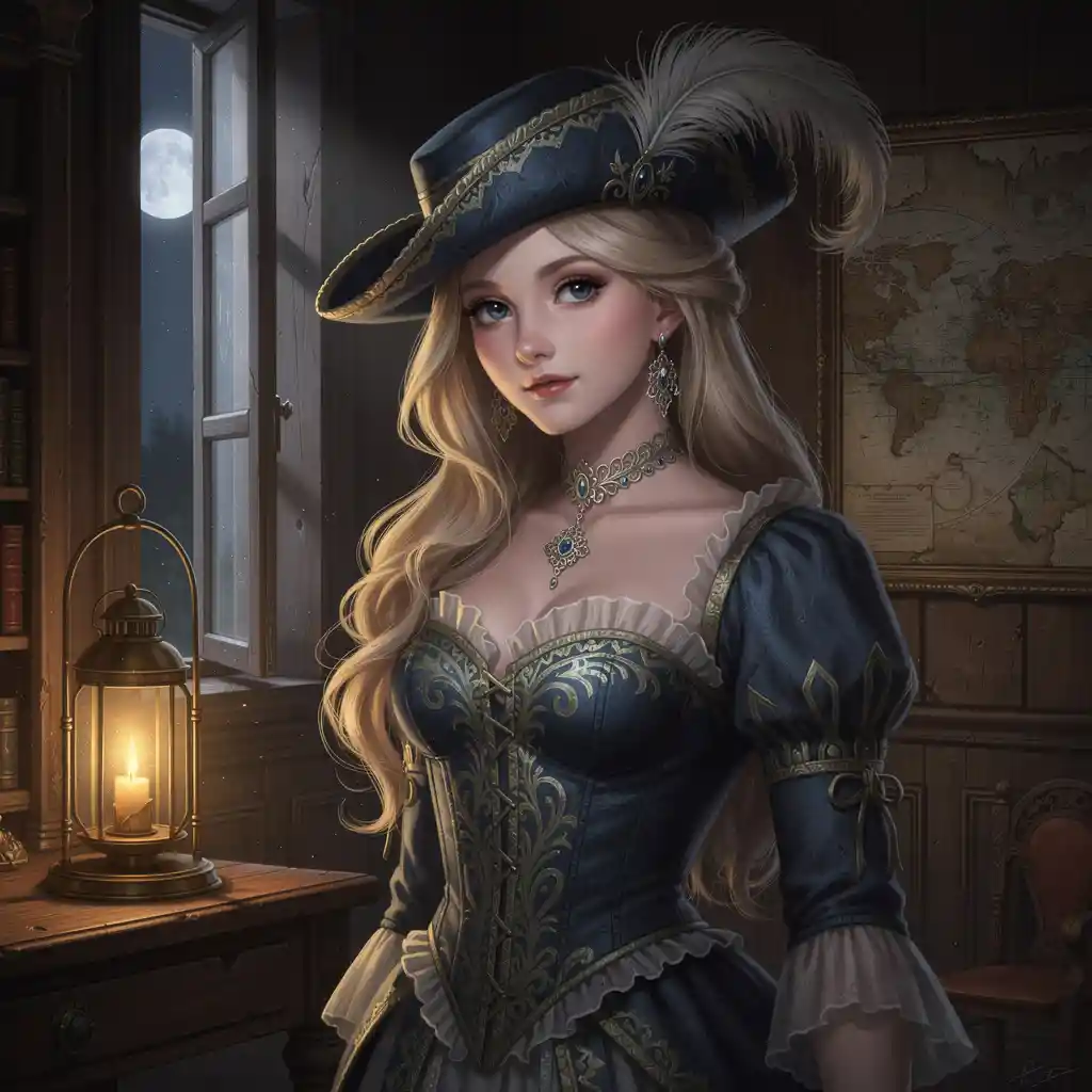 Elegant fantasy woman in blue corset in candlelit study