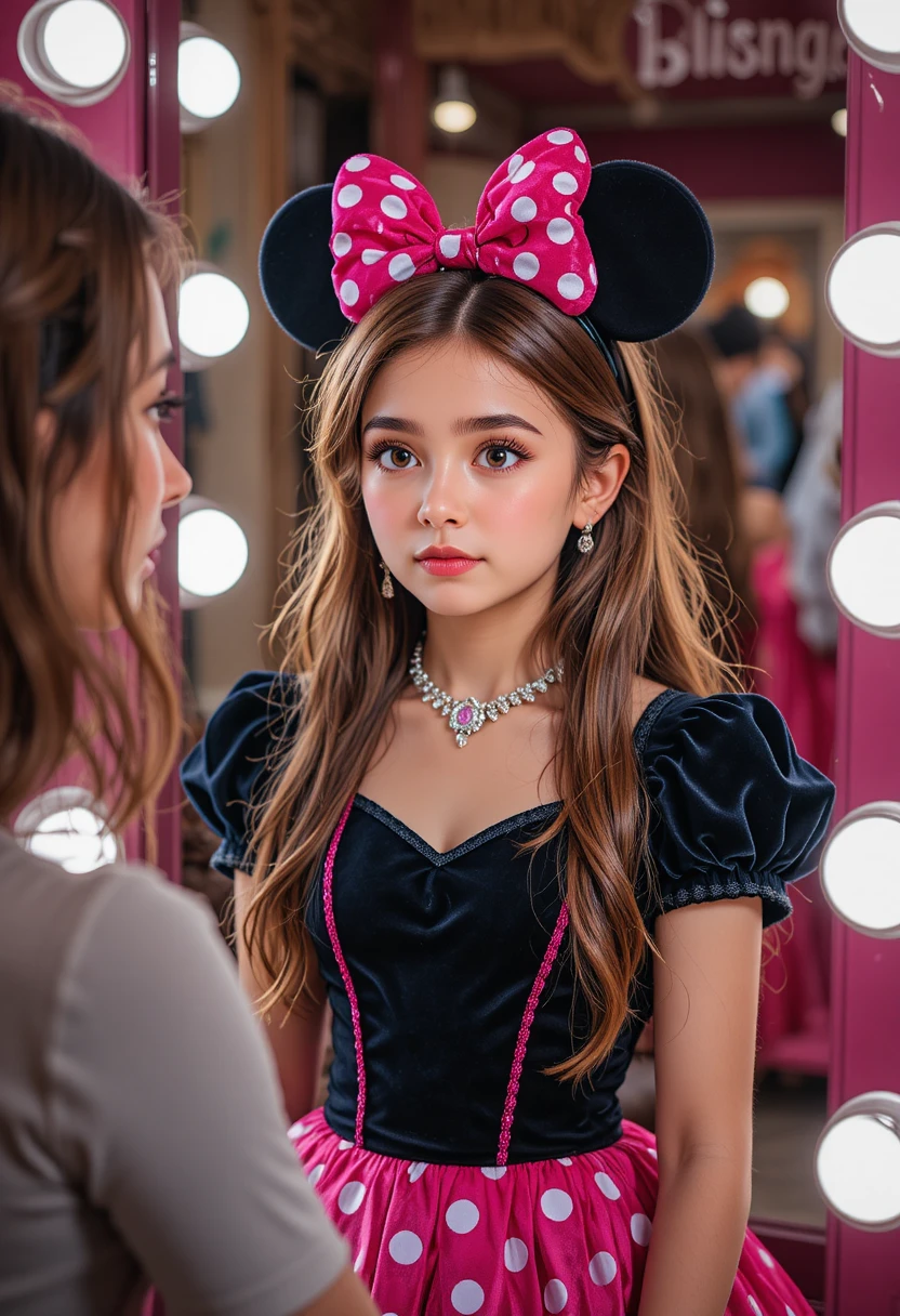 Menino apreensivo com vestido da Minnie em frente ao espelho de maquiagem da boutique