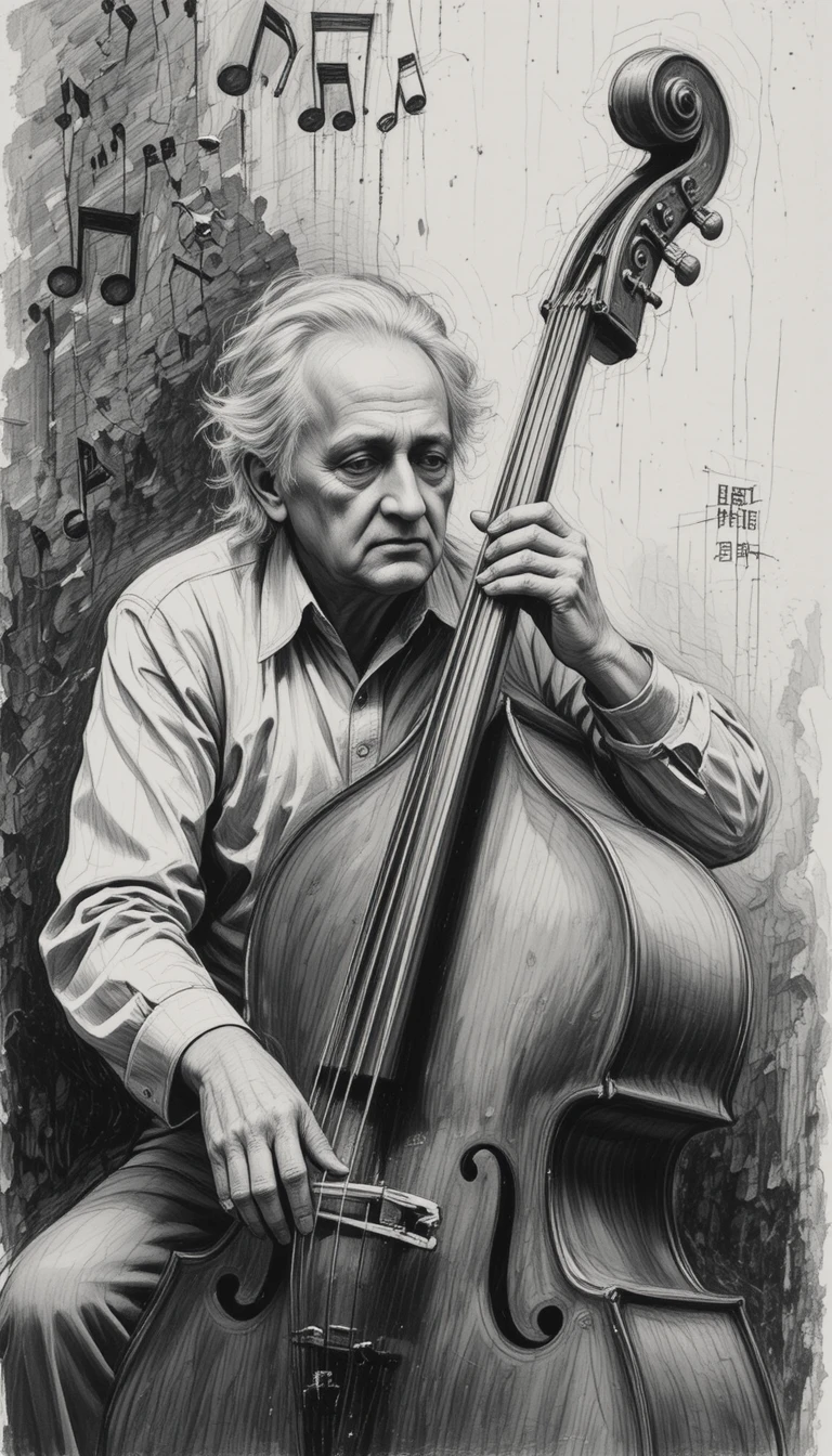 Contrabaixista idoso perdido em música profunda e soul