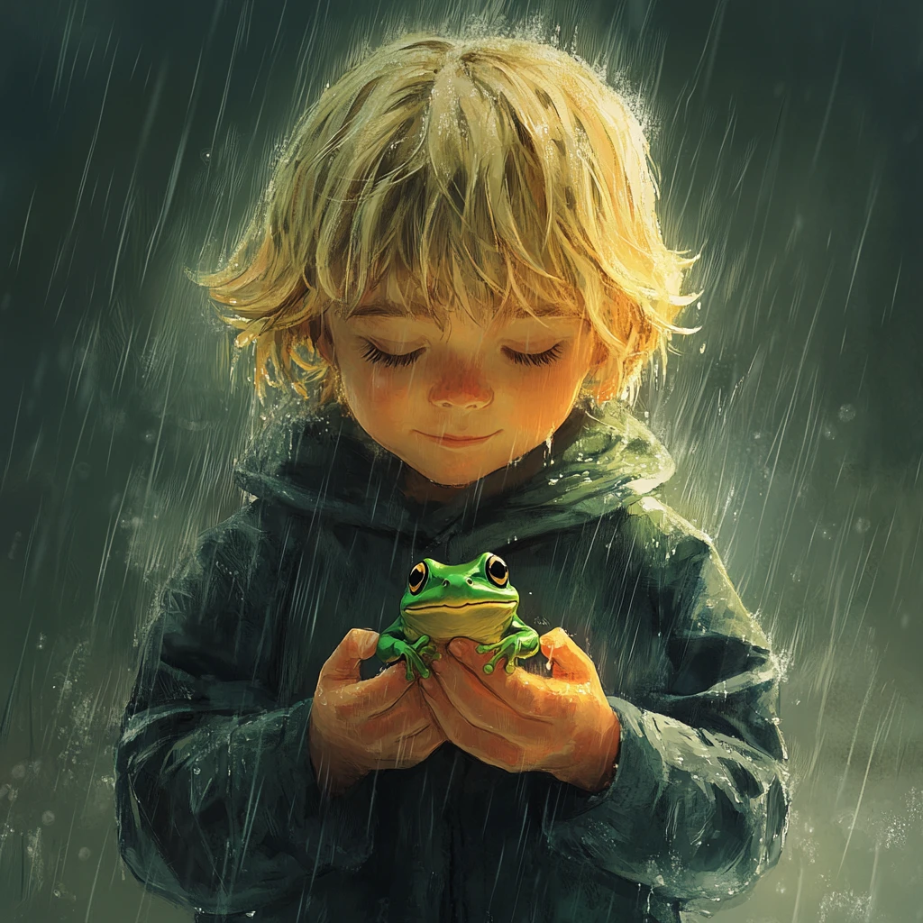 Menino segurando um pequeno sapo na chuva suave
