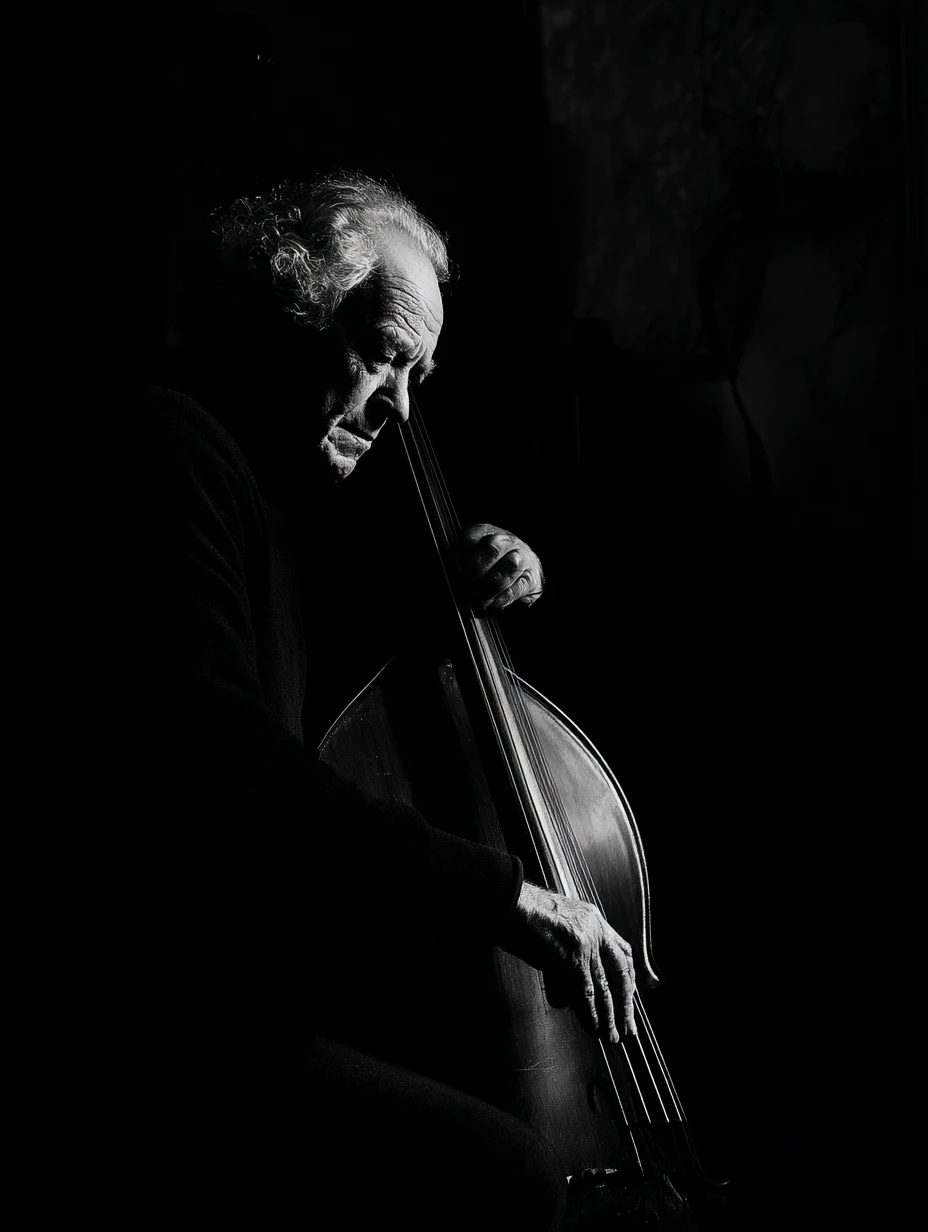 Retrato dramático em preto e branco de um baixista idoso