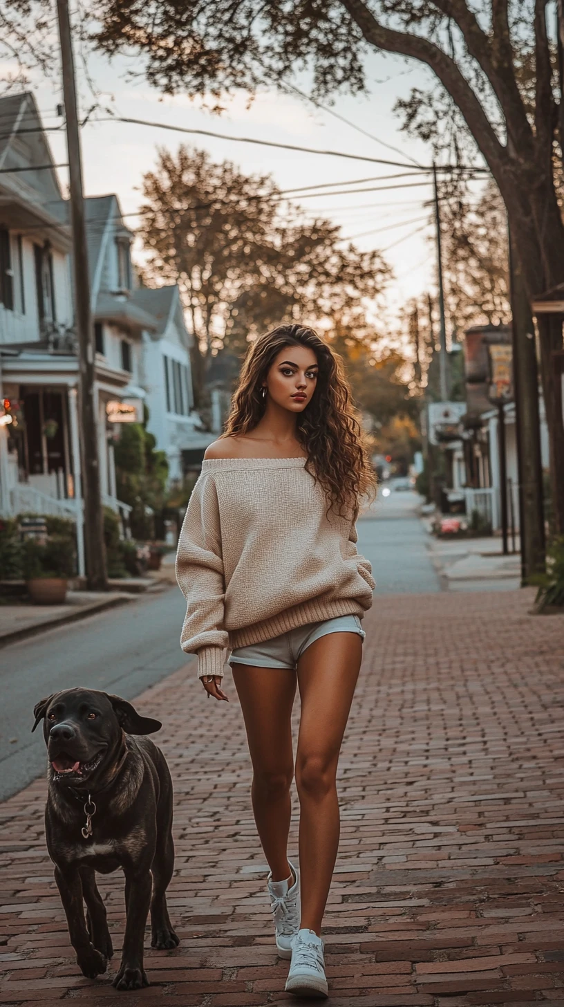 Young woman walking with dog on quaint town sidewalk