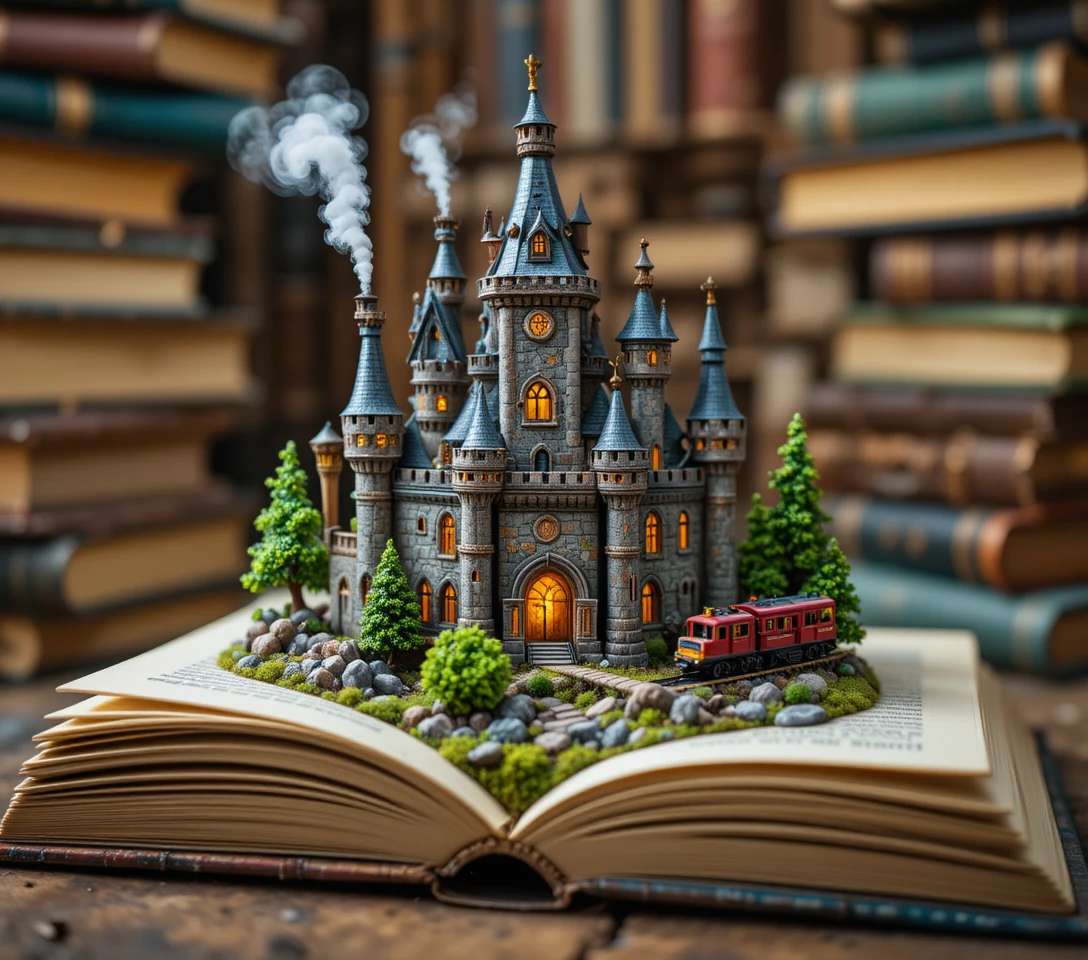 Castelo em miniatura surgindo de um livro aberto com luzes aconchegantes