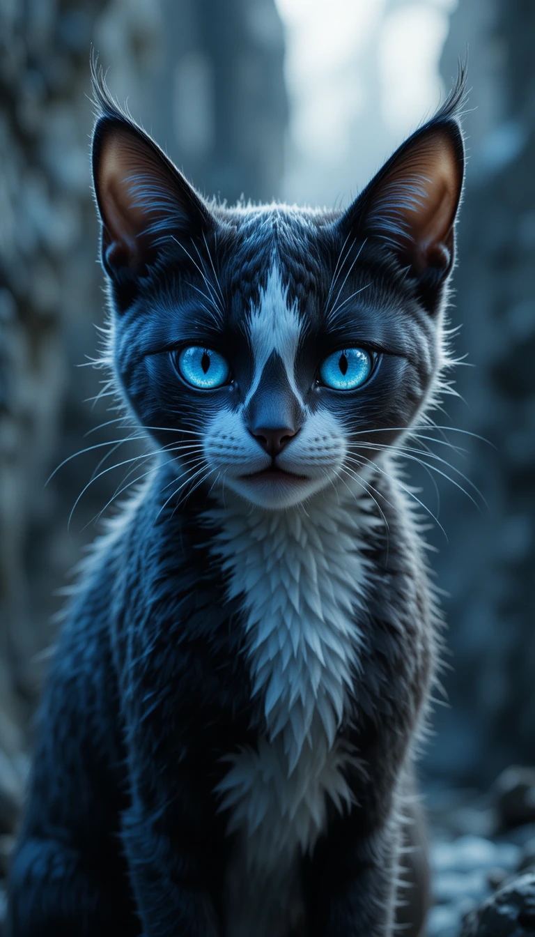 Gato preto e branco cinematográfico com olhos azul-gelo