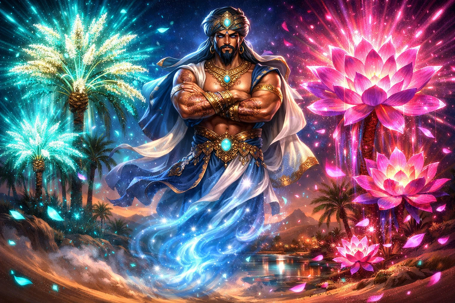 Majestuoso djinn que surge de la arena en remolino al crepúsculo del oasis
