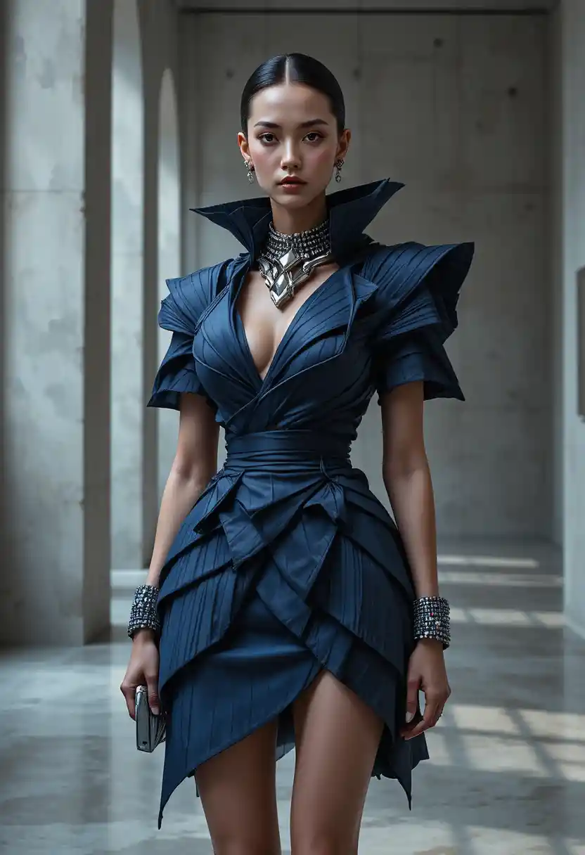 Avant garde fashion woman in sculptural indigo couture