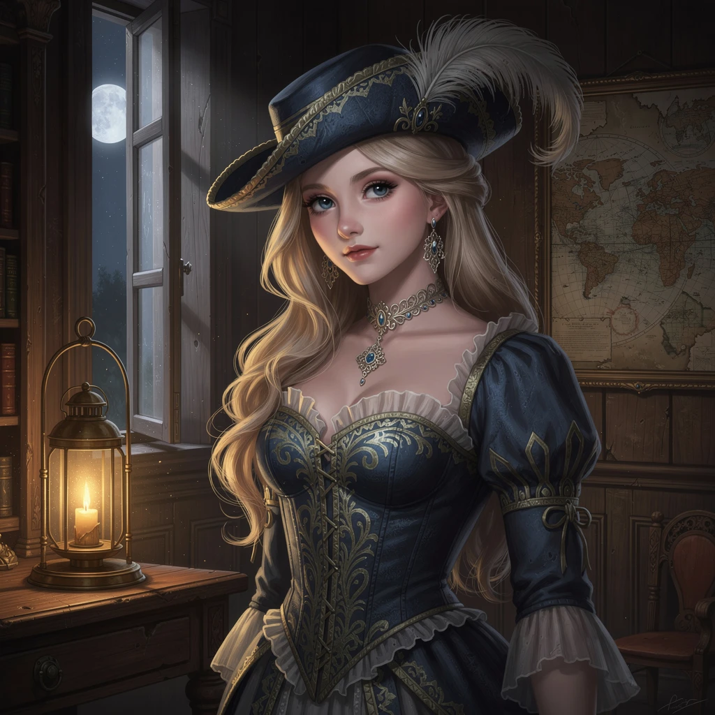 Elegant fantasy woman in blue corset in candlelit study