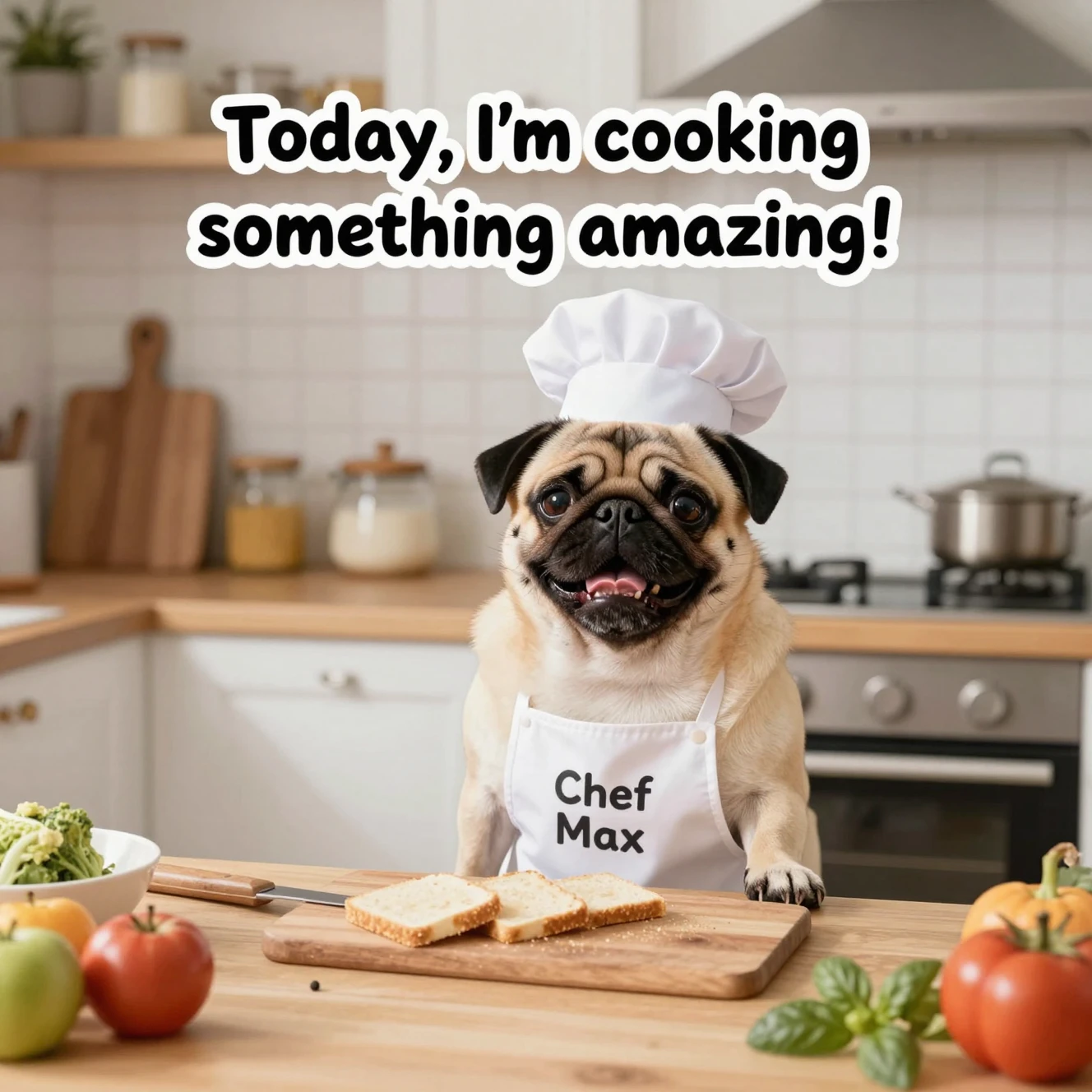 Bulldogue pug alegre em uma cozinha aconchegante usando chapéu e avental