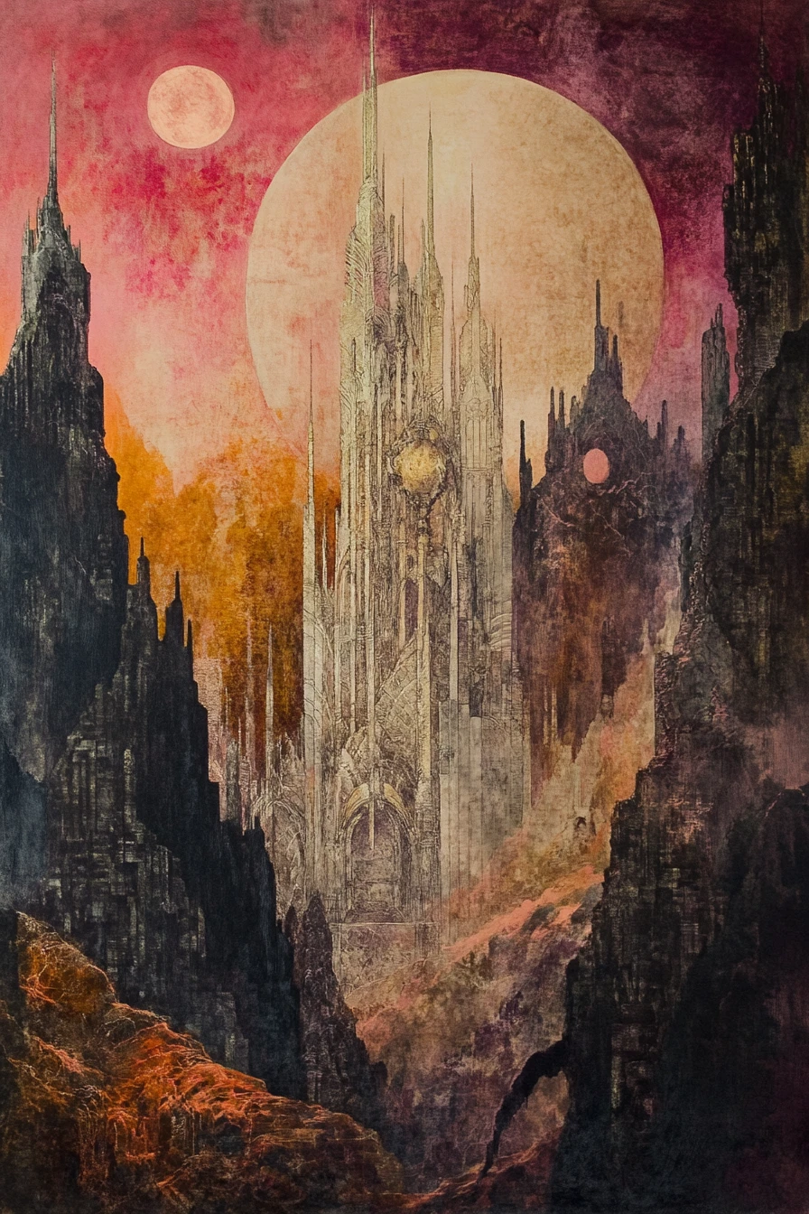 Adventurers Approach A Tower In A Surreal Fantasy Landscape