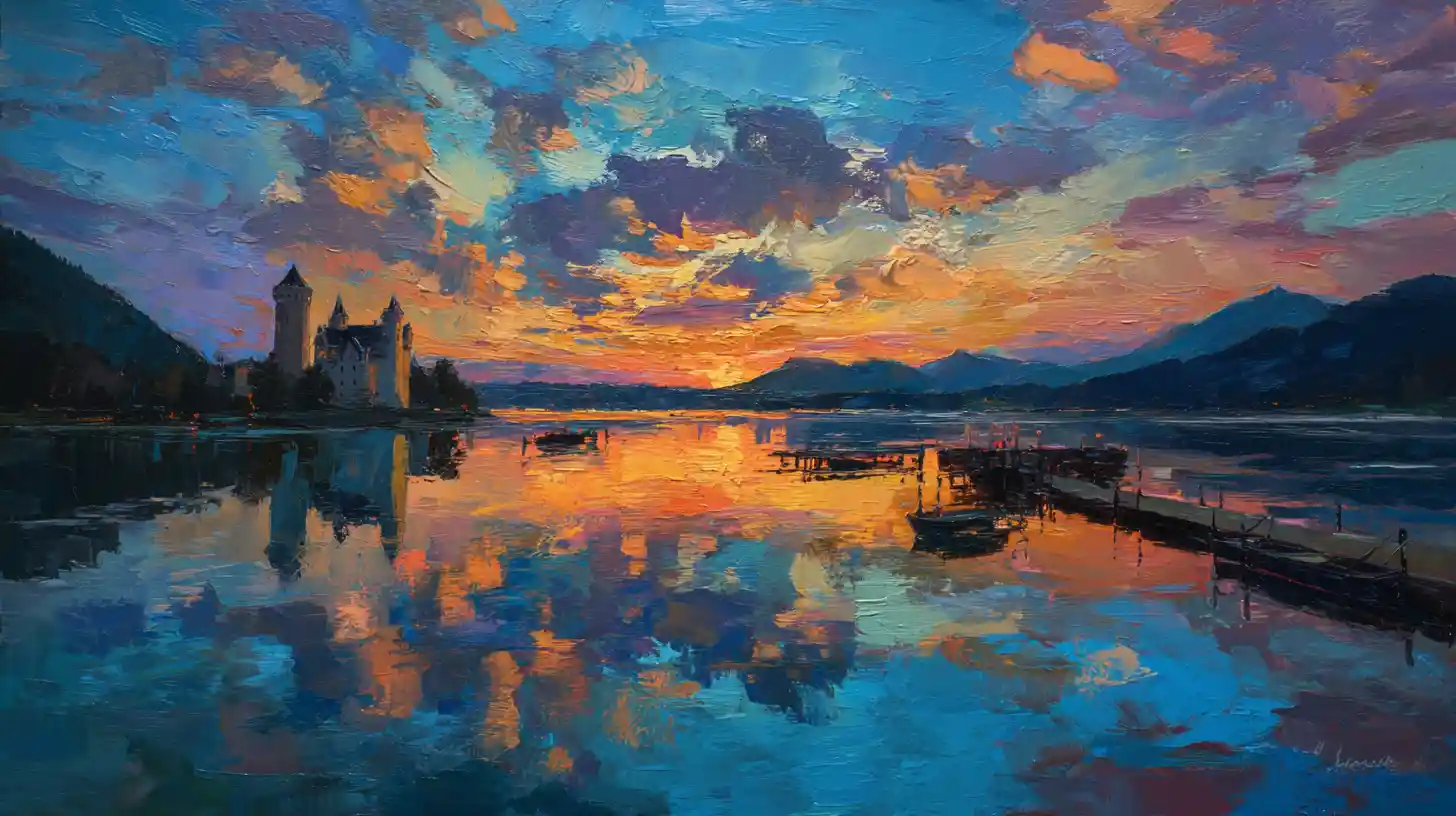 Impressionistische Ansicht eines bayerischen Schlosses über einem ruhigen See