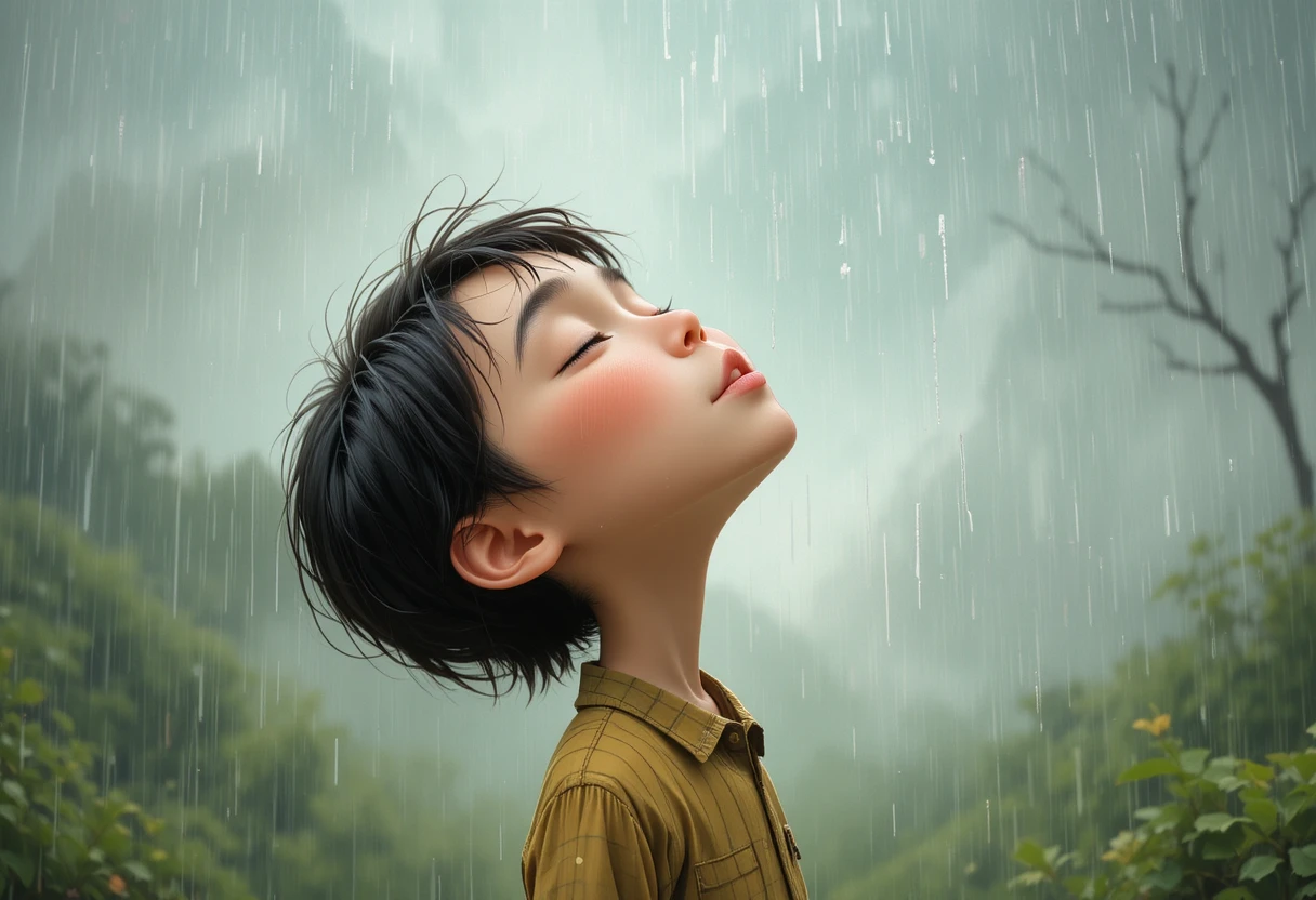 Menino pequeno pegando gotas de chuva com a boca em uma chuva divertida