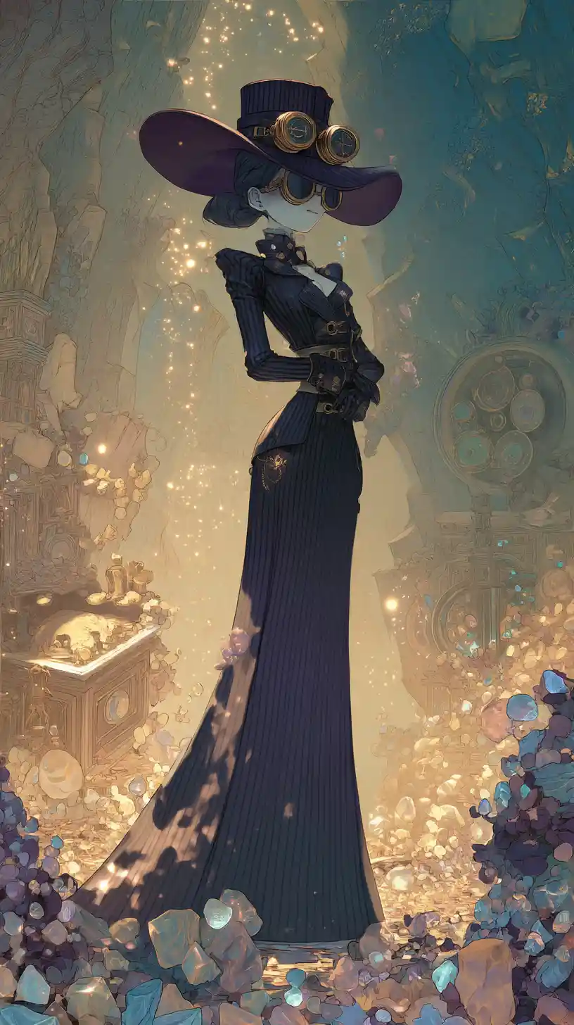 Elegant steampunk witch standing in a sparkling magical cave