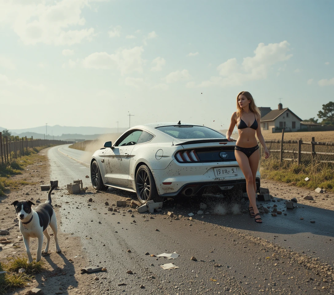 Blonde Frau im schwarzen Bikini posiert neben getuntem Auto