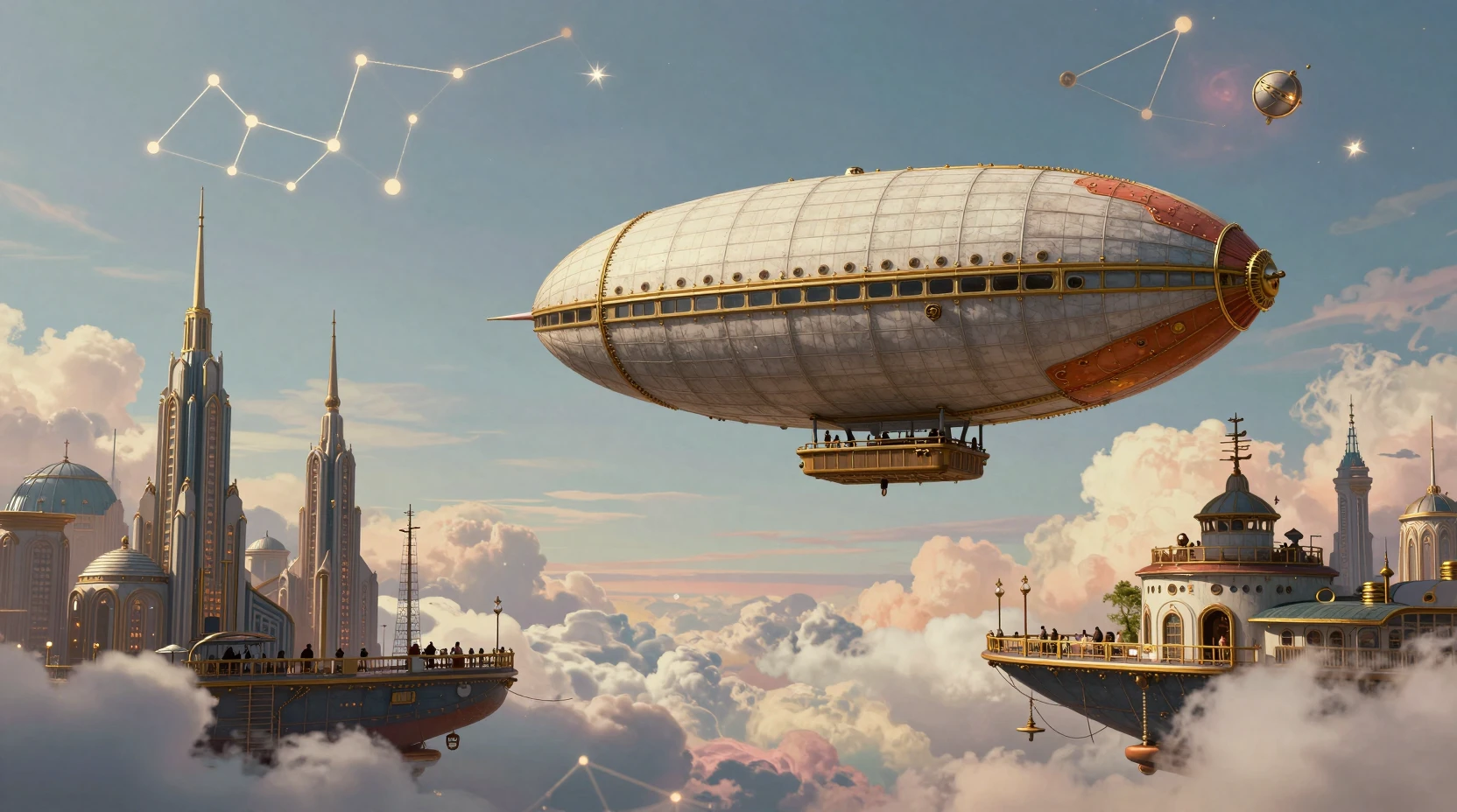 Dirigeable steampunk au-dessus d’une ville rétrofuturiste flottante