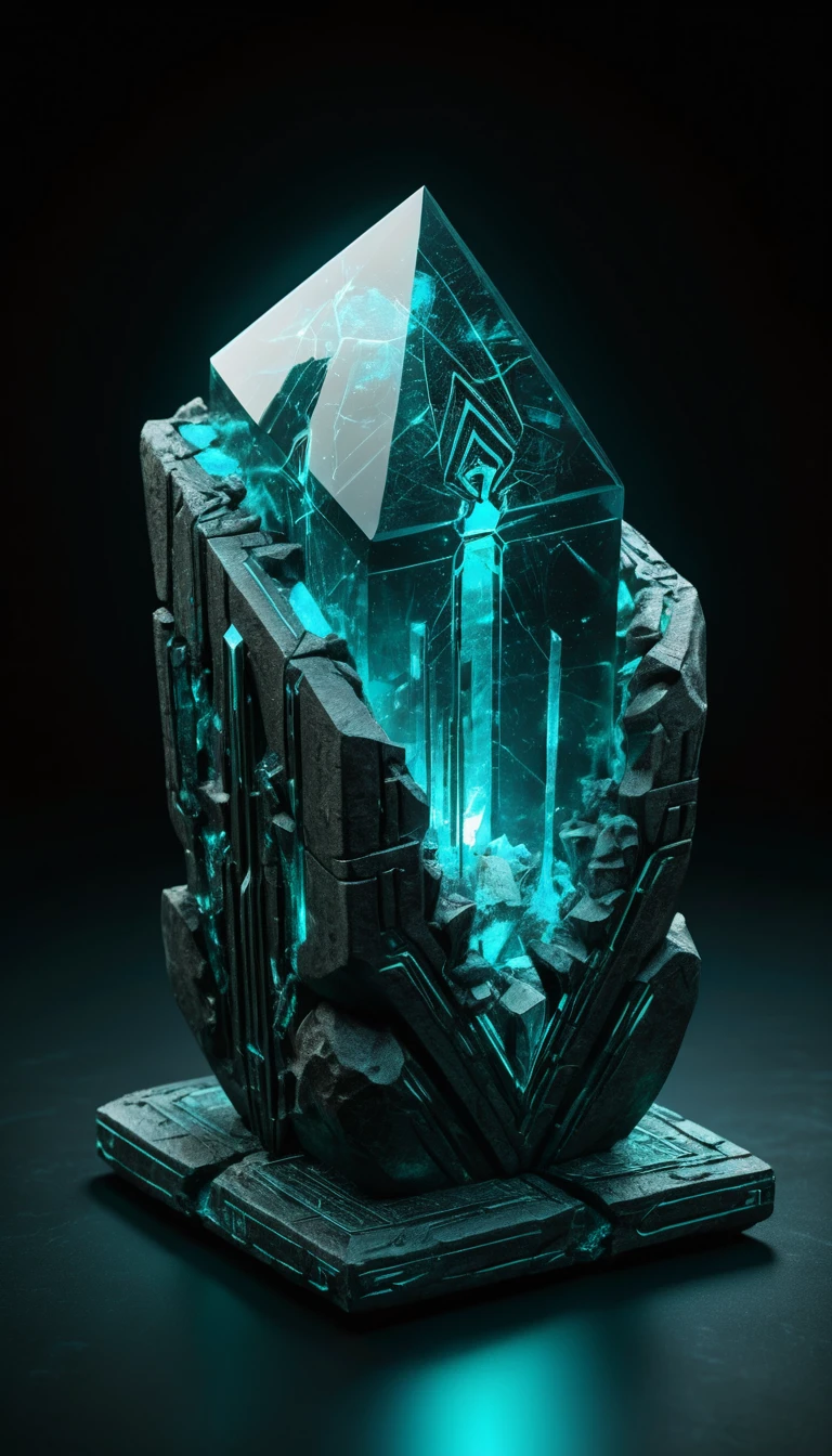 Monolito de cristal alienígena antigo com runas brilhantes e energia
