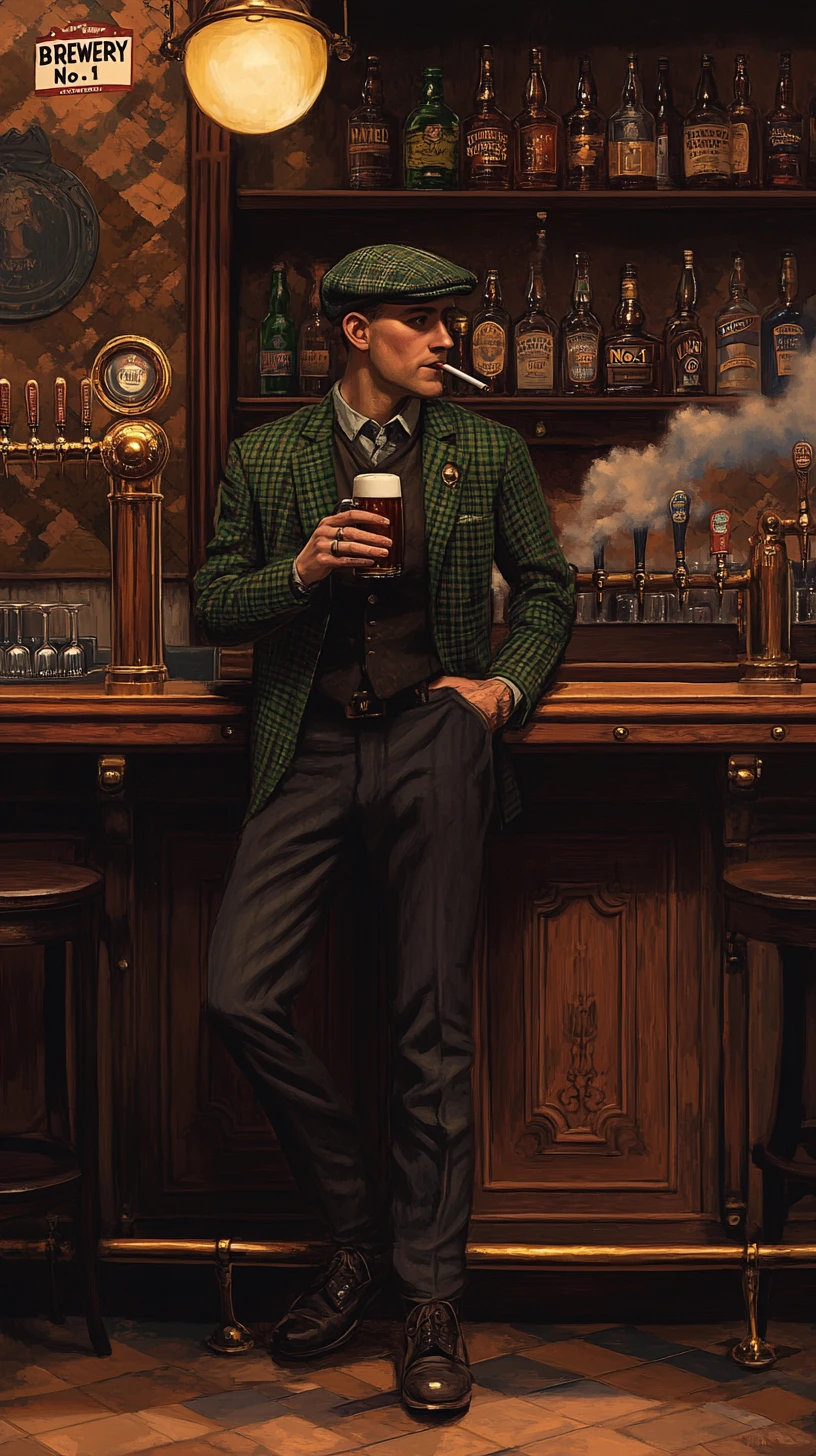 Hombre bebiendo cerveza en la barra de madera vintage de un pub