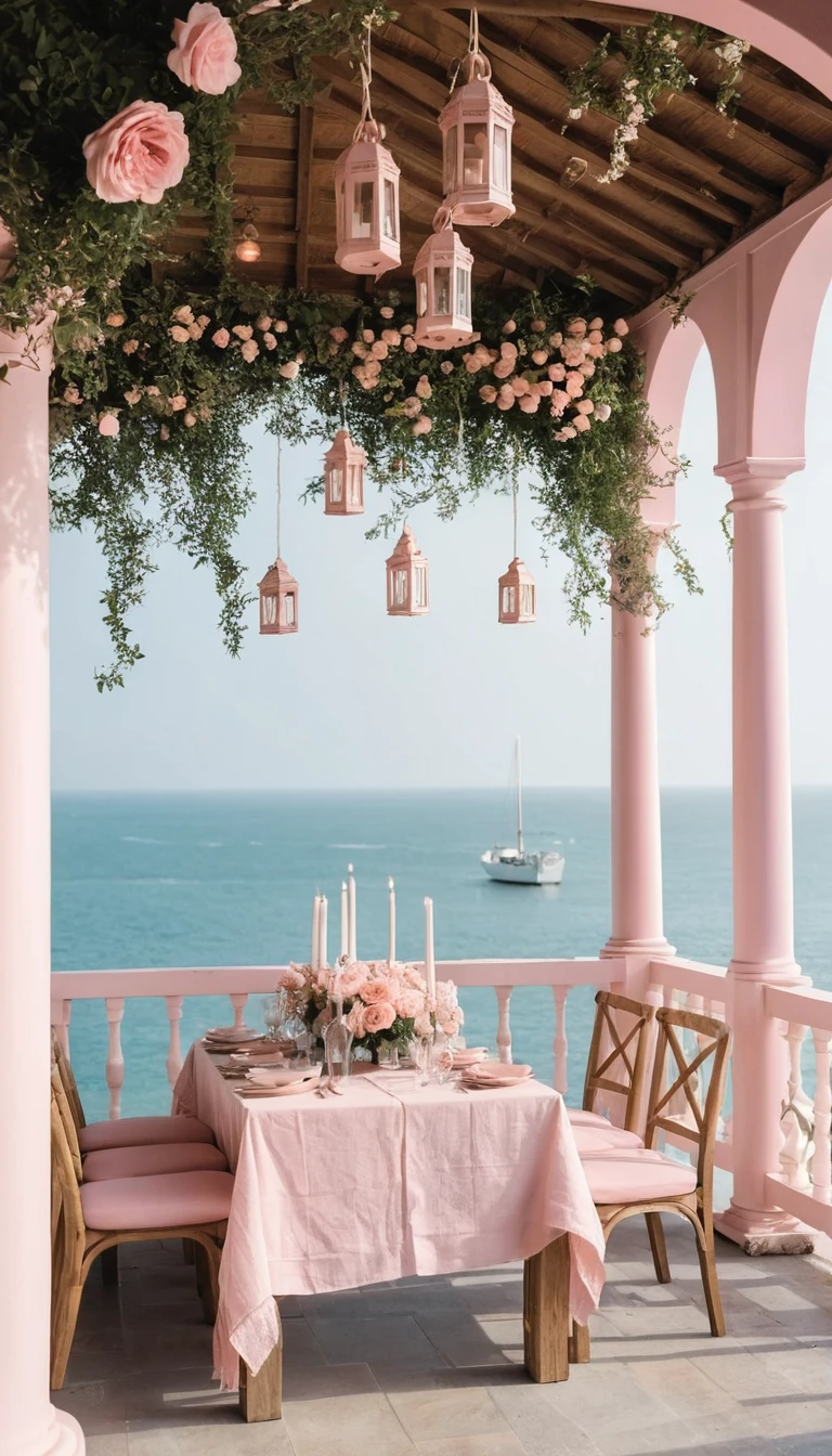 Romantischer Pavillon am Meer mit Rosen und Kerzentisch