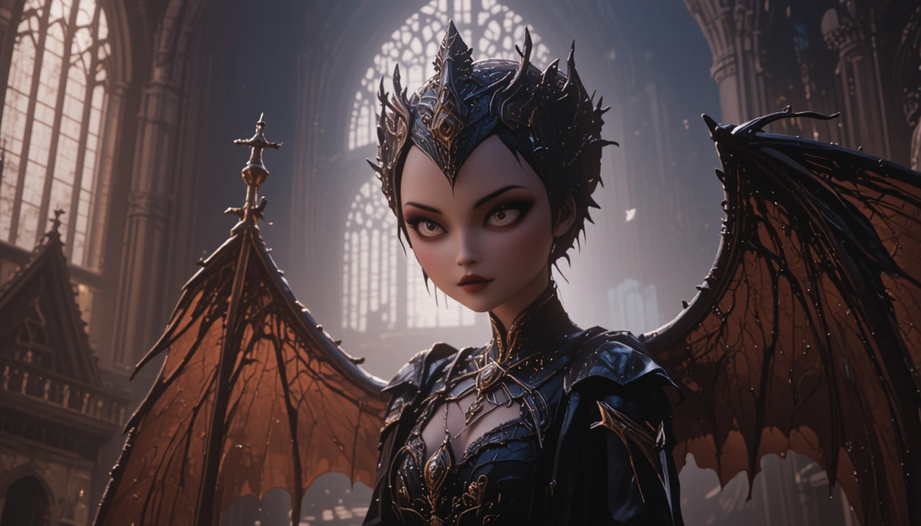 Dark fairy queen ruling the moors in gothic cathedral