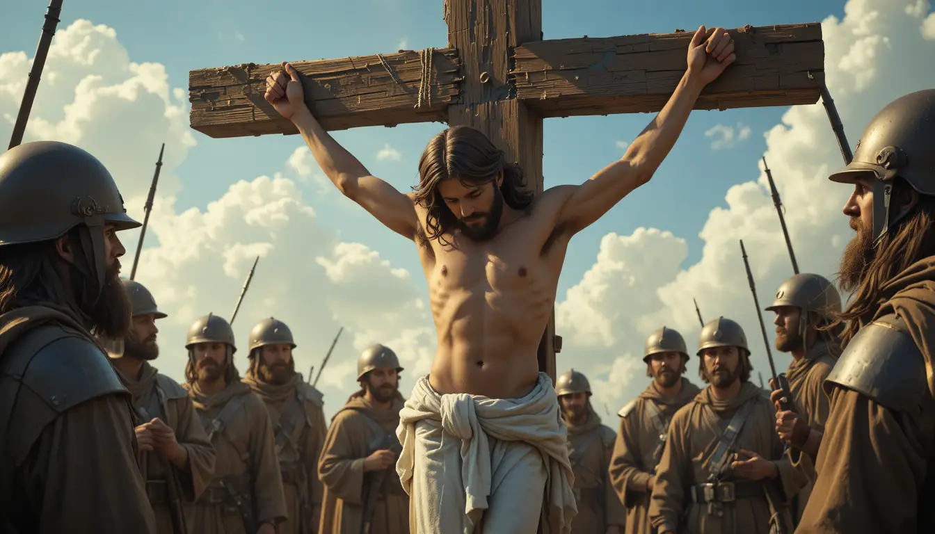 Jésus sur la croix en bois entouré de soldats en larmes