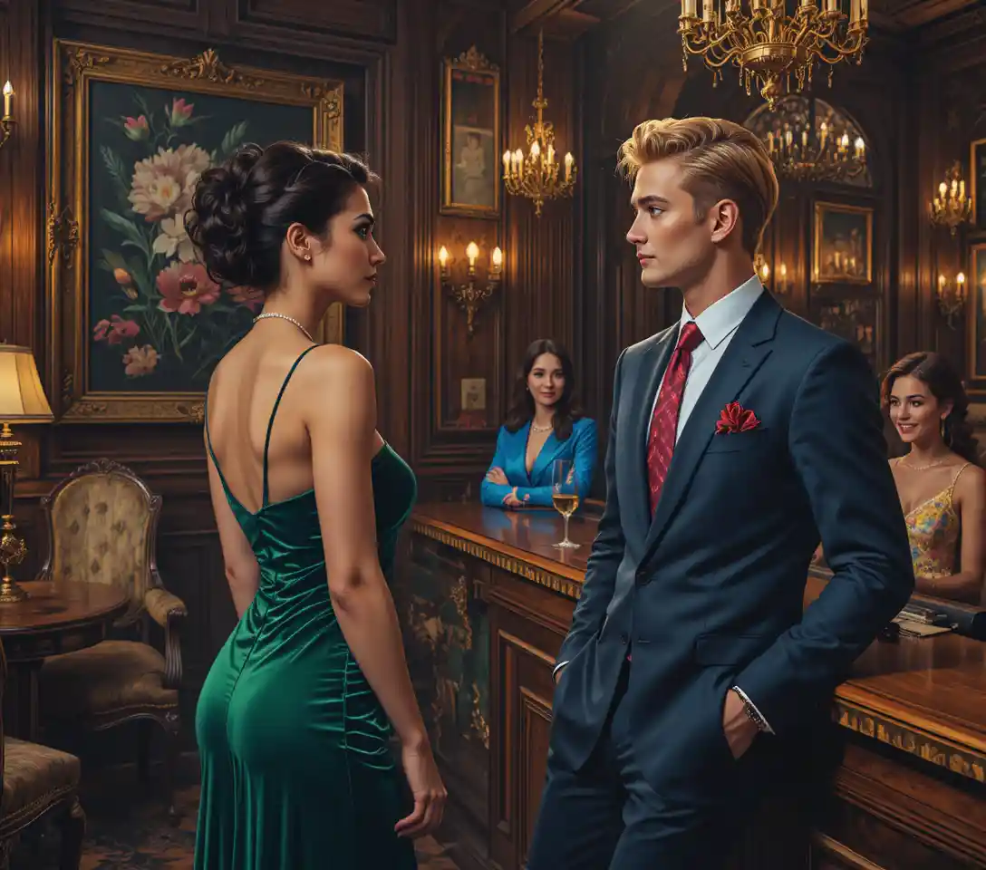 Mulher elegante de vestido verde encontra homem no bar