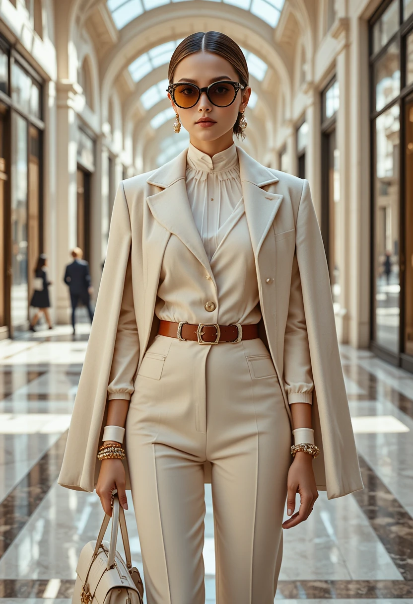 Mujer elegante con atuendo de alta costura en galería comercial de lujo