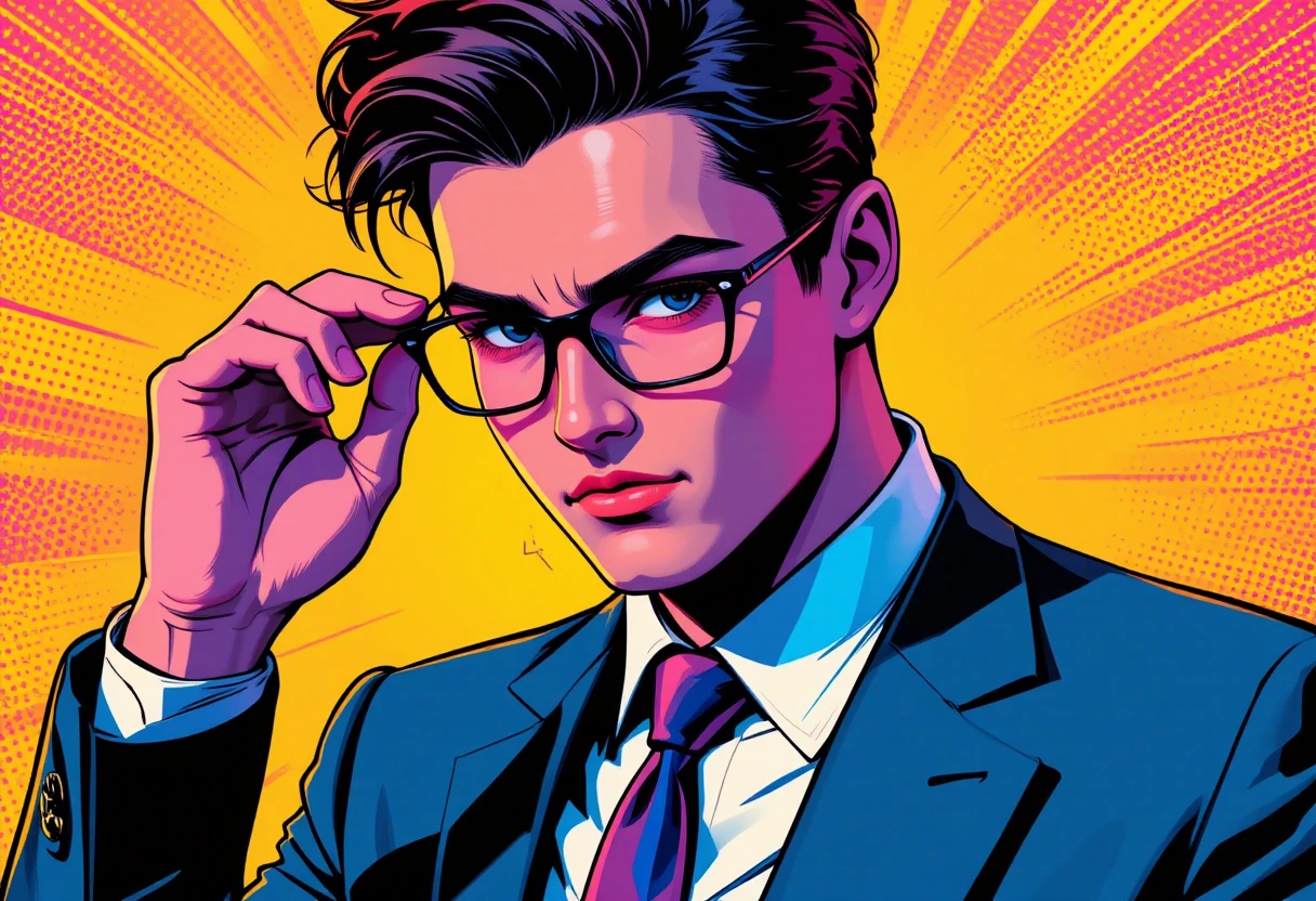 Jovem confiante de terno ajustando os óculos em estilo pop art