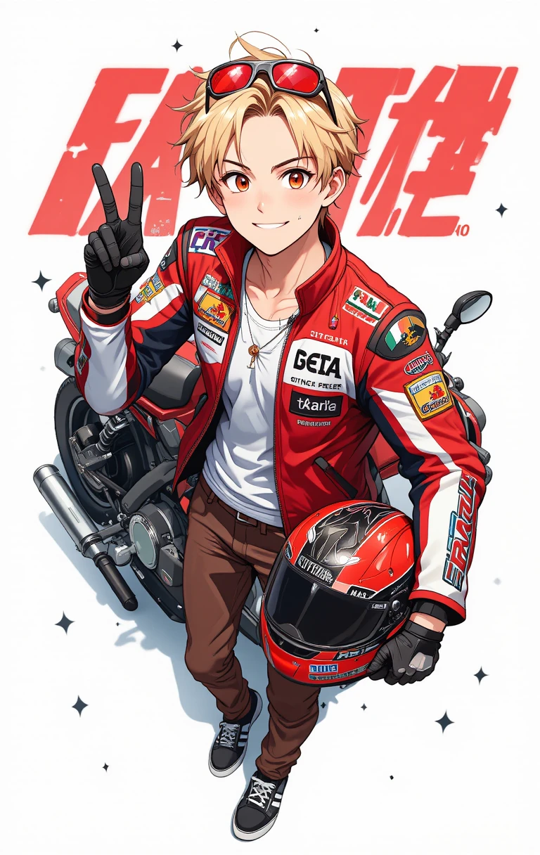 Piloto de moto em estilo anime sorridente posando com moto vermelha