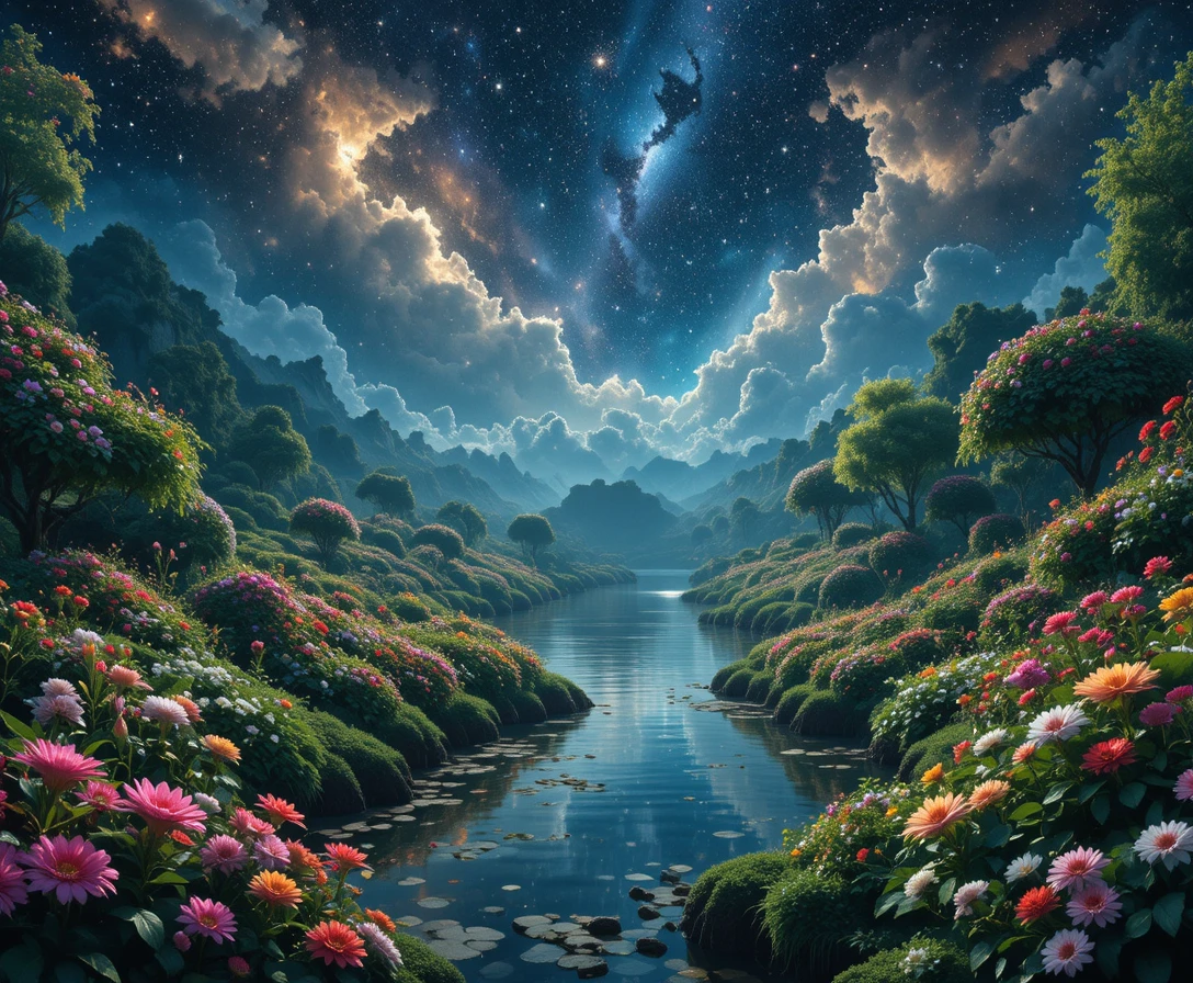 Ciel étoilé au‑dessus d’un jardin luxuriant et de rivières miroitantes