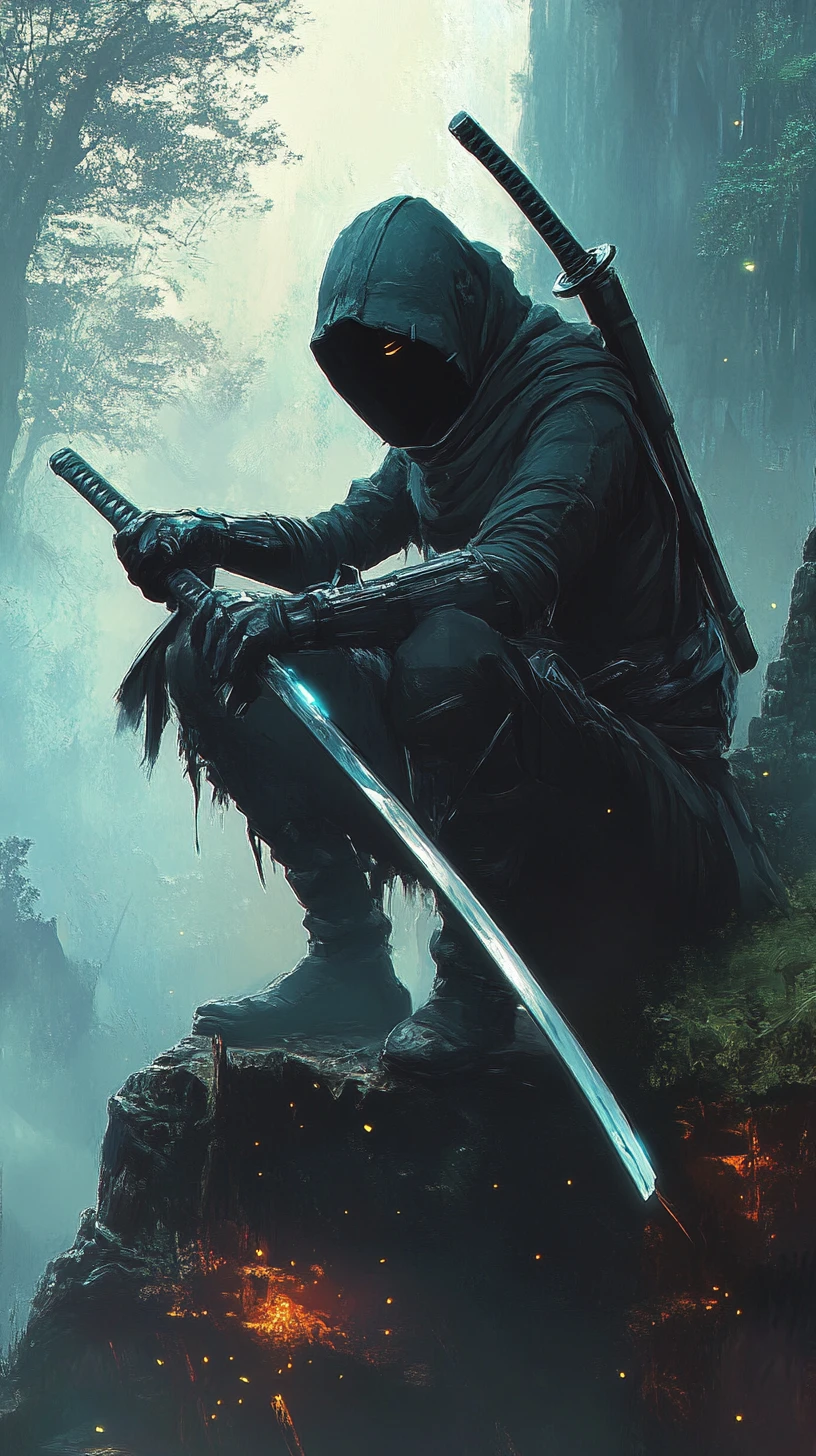 Samurai futurista agachado na beira de um penhasco coberto de musgo