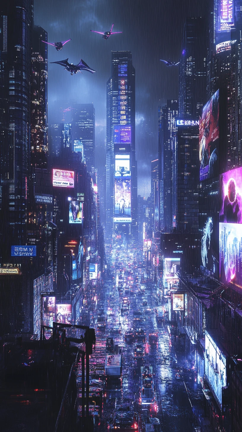 Leão observando os telhados futuristas e neon de Manhattan
