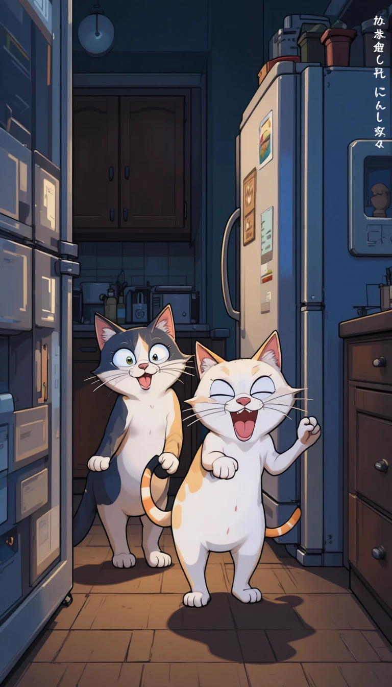 Zwei Cartoon-Katzen schleichen nachts zum Kühlschrank