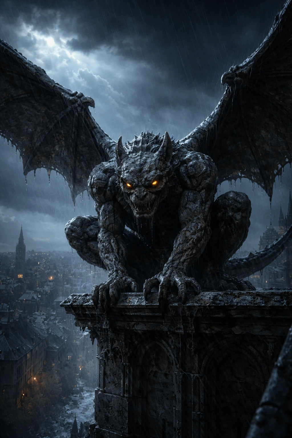 Gárgula em catedral gótica sob céu noturno tempestuoso