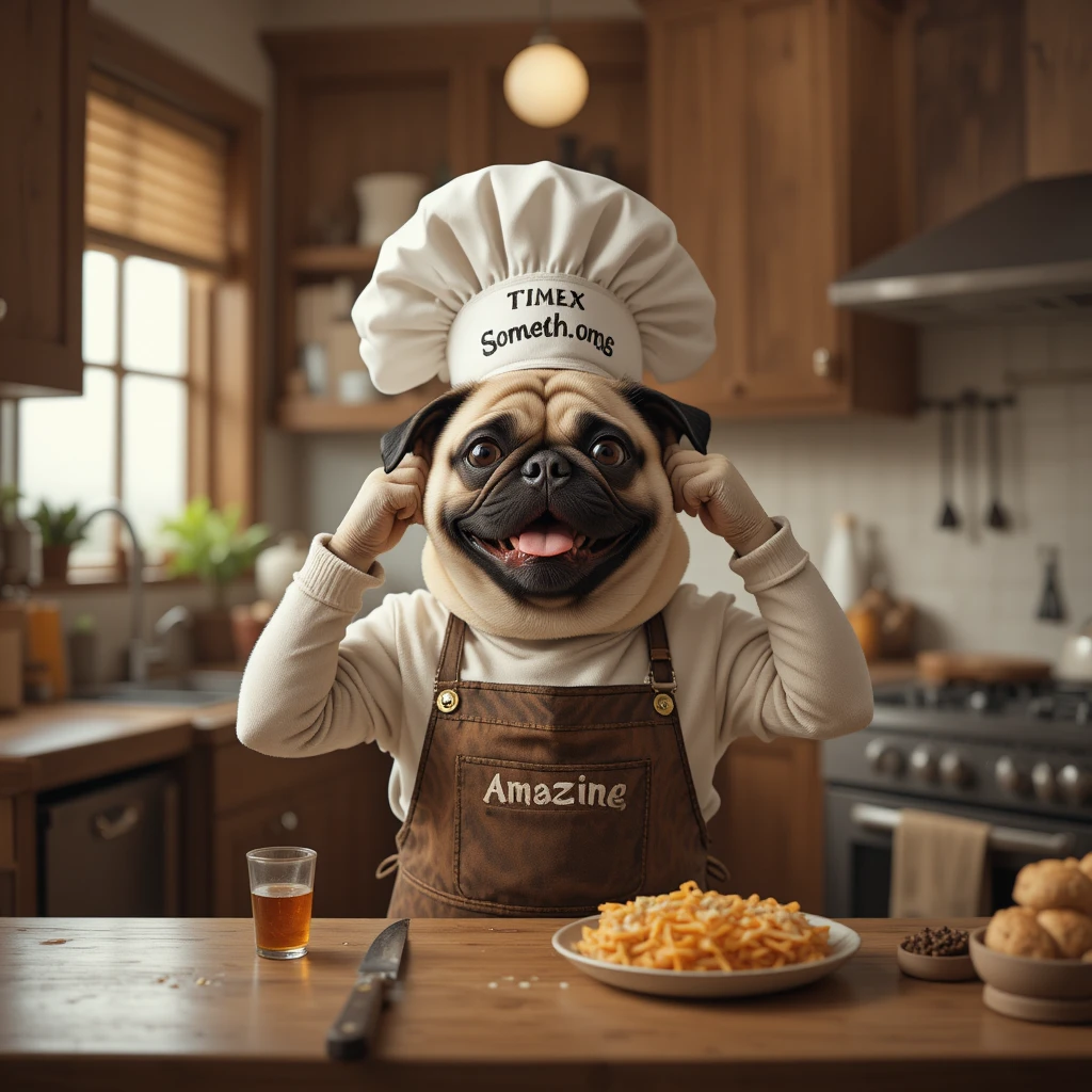 Chef pug alegre em uma cozinha caseira aconchegante
