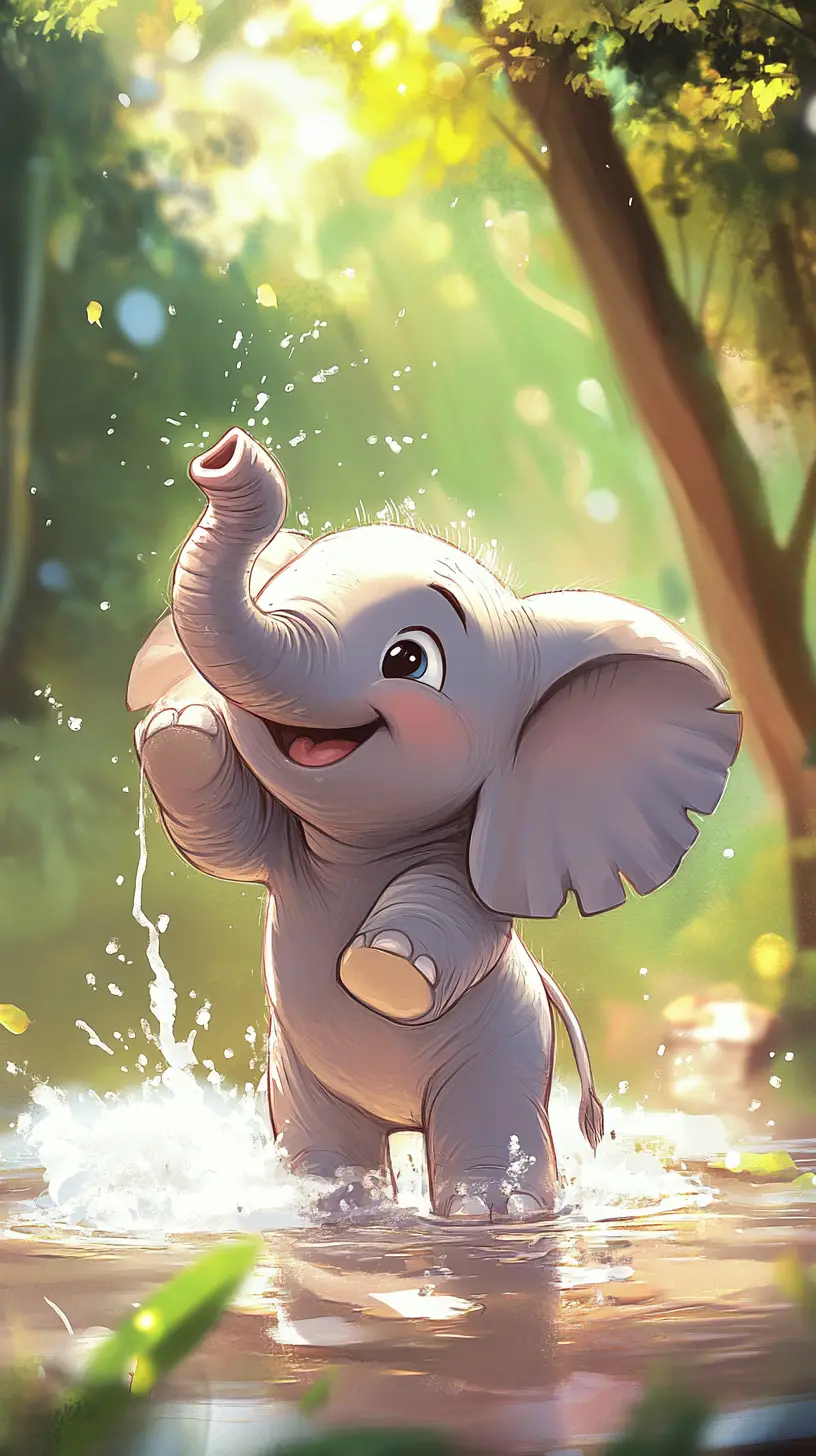 Fröhlicher Cartoon-Elefant planscht in einer Zoo-Pfütze