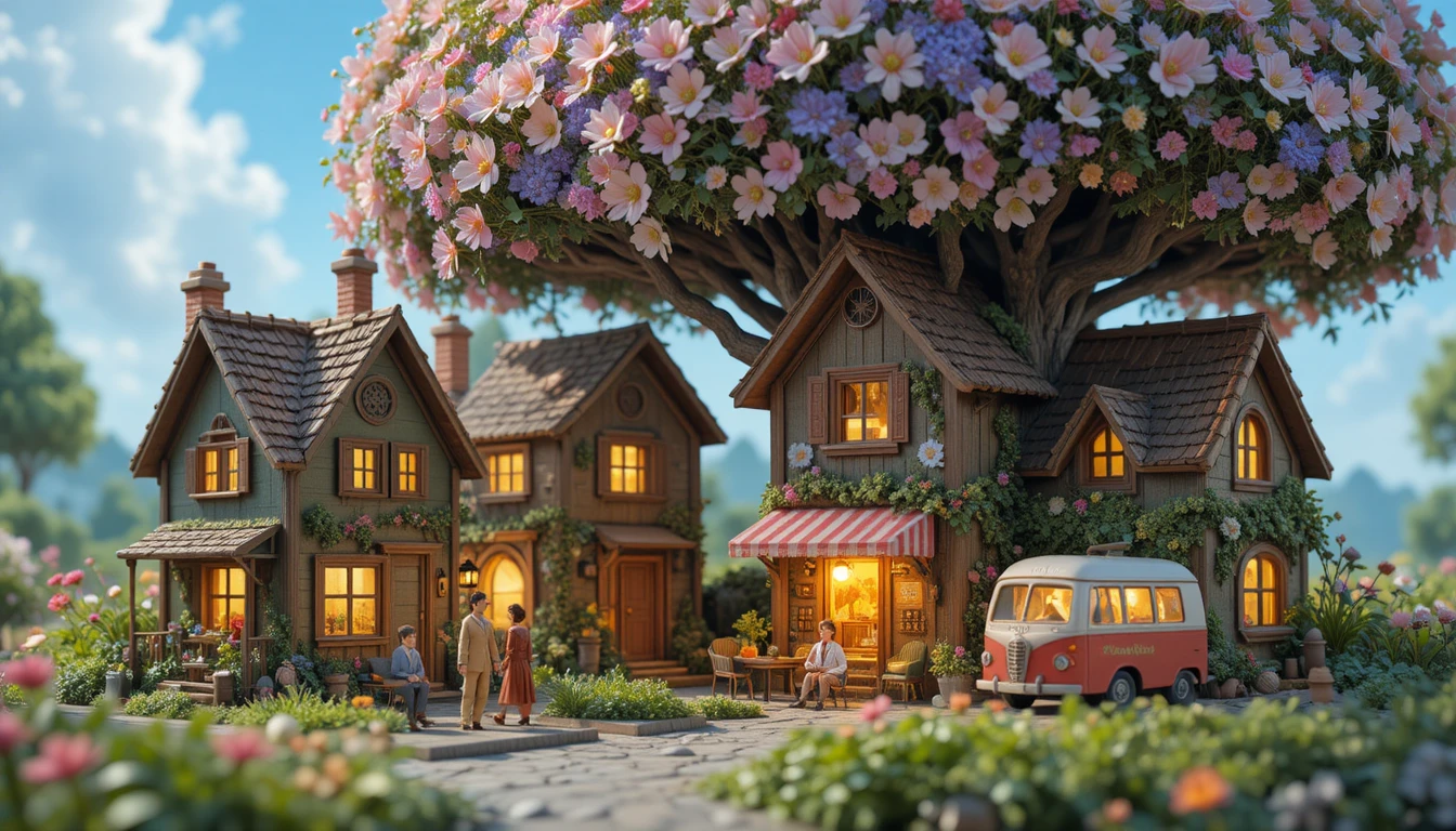 Persone in miniatura in un villaggio accogliente sotto giganteschi fiori selvatici