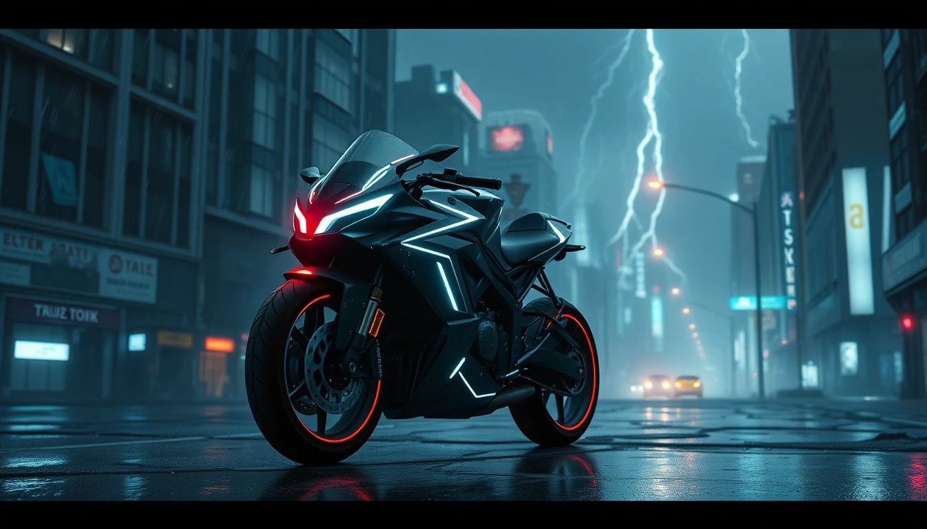 Moto neon correndo por uma cidade futurista sombria