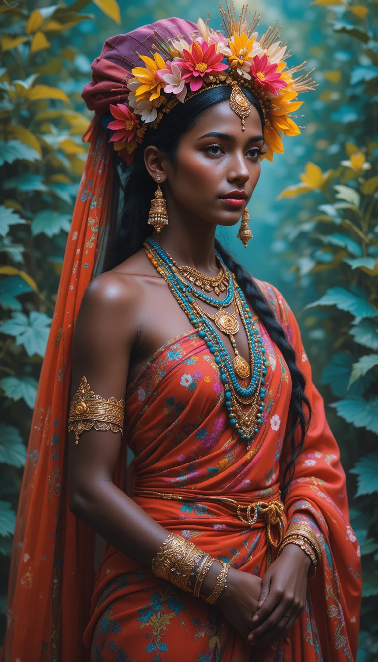 Retrato de mulher indígena brasileira em pintura de museu em tons quentes