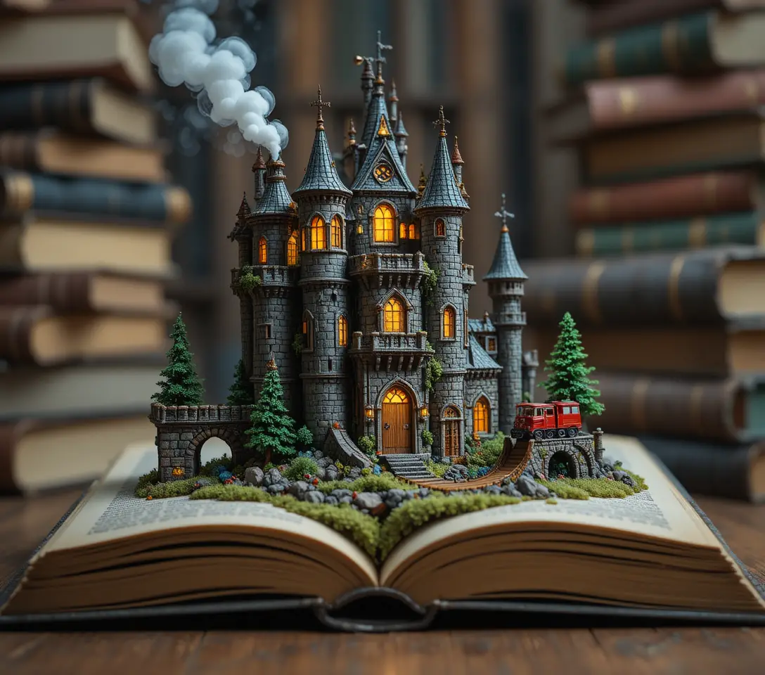 Miniature castle rising from open book with toy train